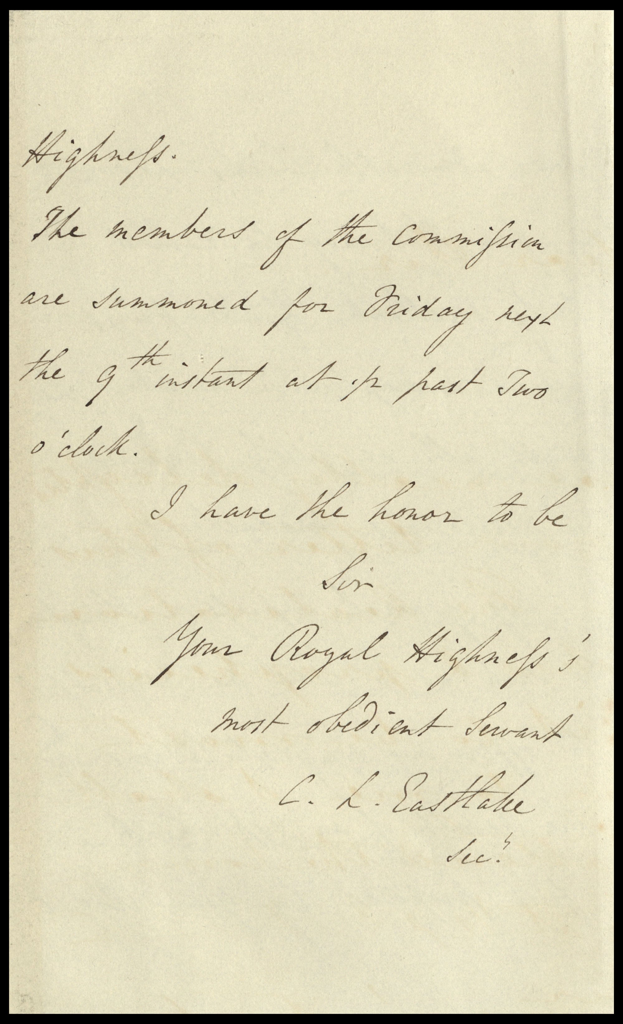 Final page of letter from Charles Eastlake to Prince Albert