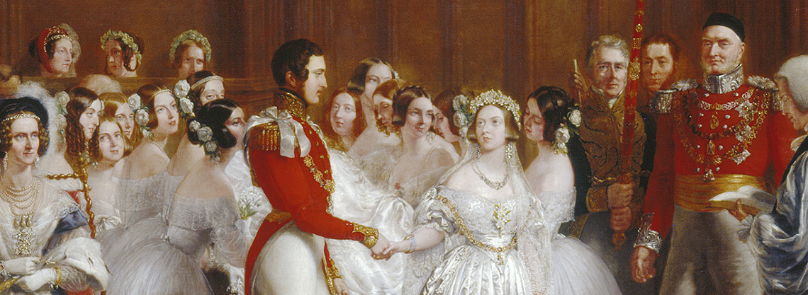Detail from Hayter's painting of Victoria and Albert's marriage, showing the pair holding hands at the alter with onlookers in the background