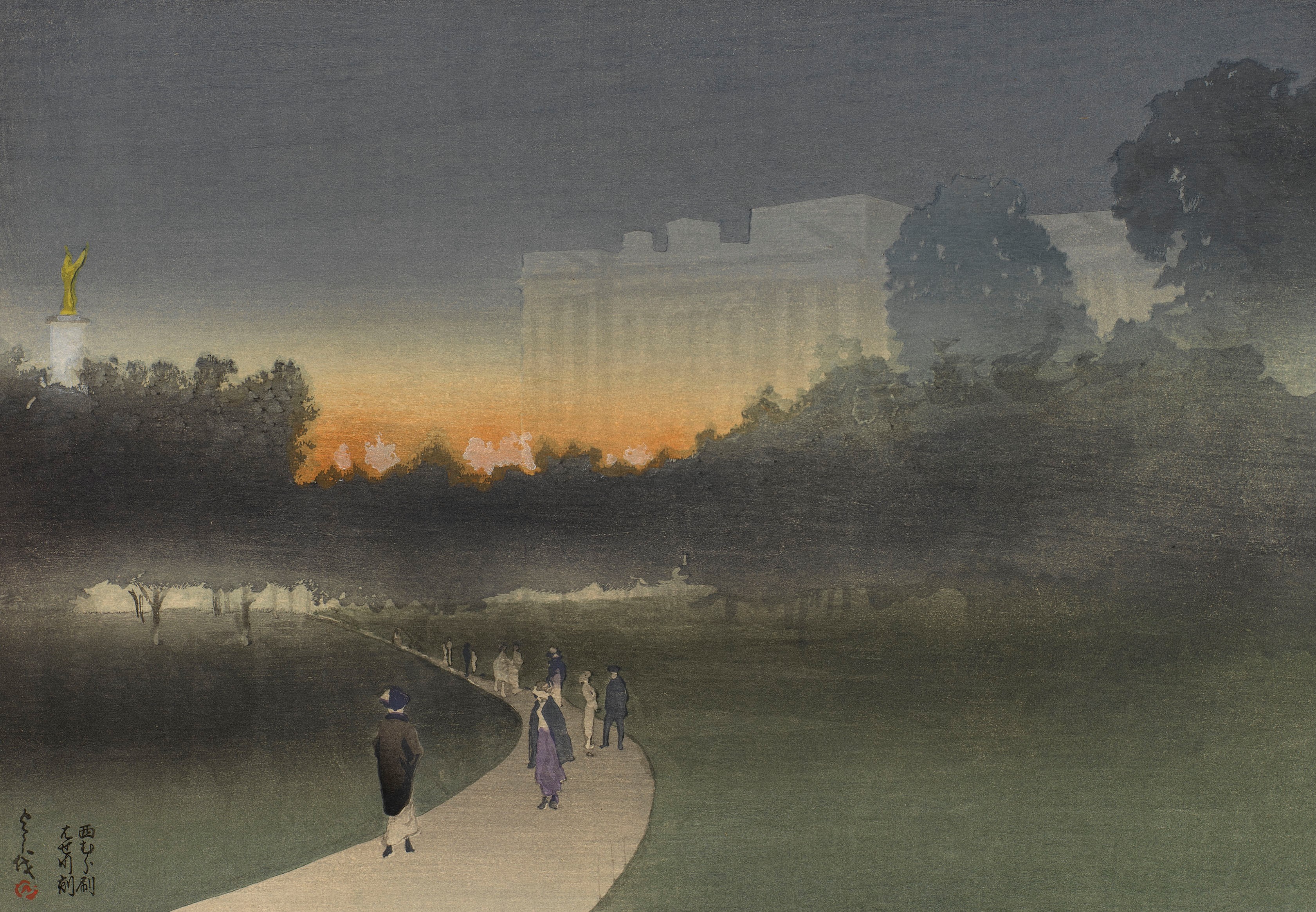 Makino Yoshio, Buckingham Palace, London, seen across Green Park, c.1911. A woodcut print of Buckingham Palace at dusk by Yoshio Markino