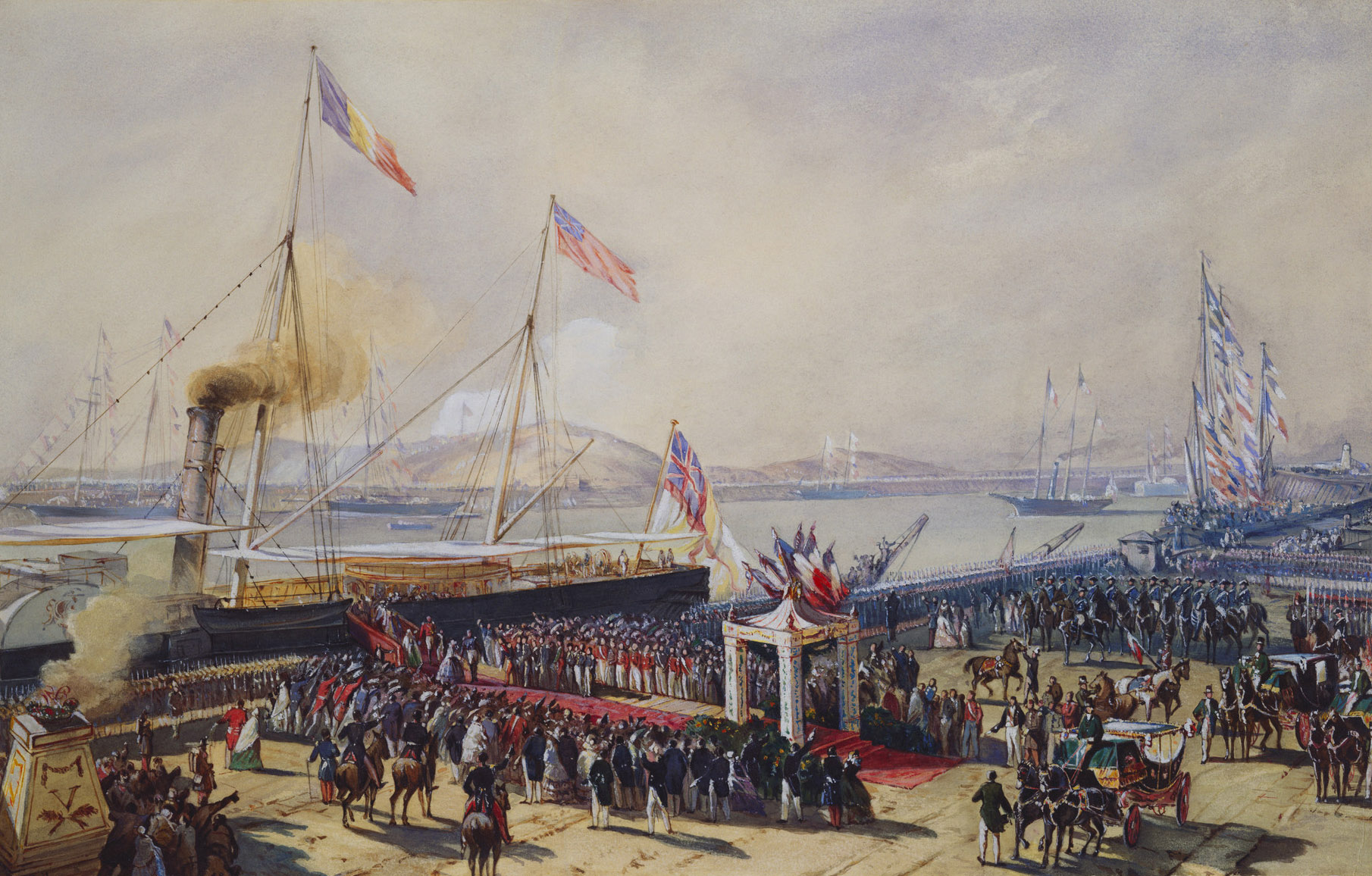 A watercolour showing Queen Victoria landing at Boulogne on 18 August 1855. After a watercolour by Antoine L&eacute;on Morel-Fatio (RCIN 451380).&nbsp;A large crowd is shown assembled in the foreground, either side of a red carpet. Queen Victoria and Prin