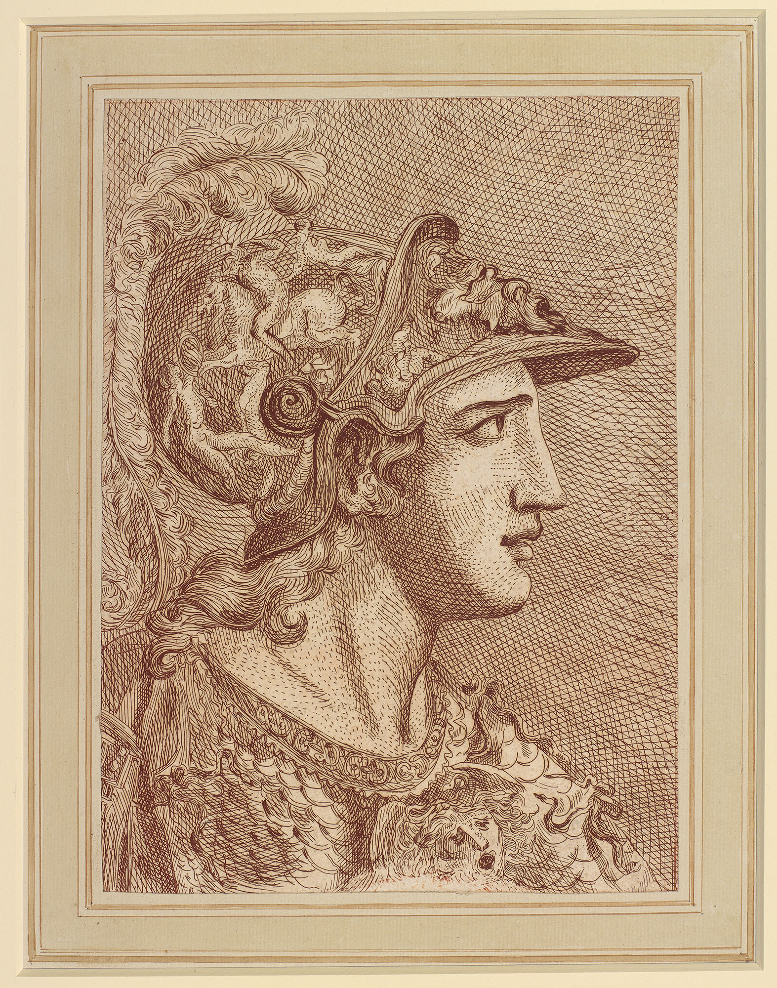 An etching showing the head of Minerva, after a drawing by Giulio Clovio (RCIN 990453). She is shown facing right in profile and is wearing a heavily decorated helmet and breastplate. With an ink and wash border.
This is a copy of a drawing in George III'