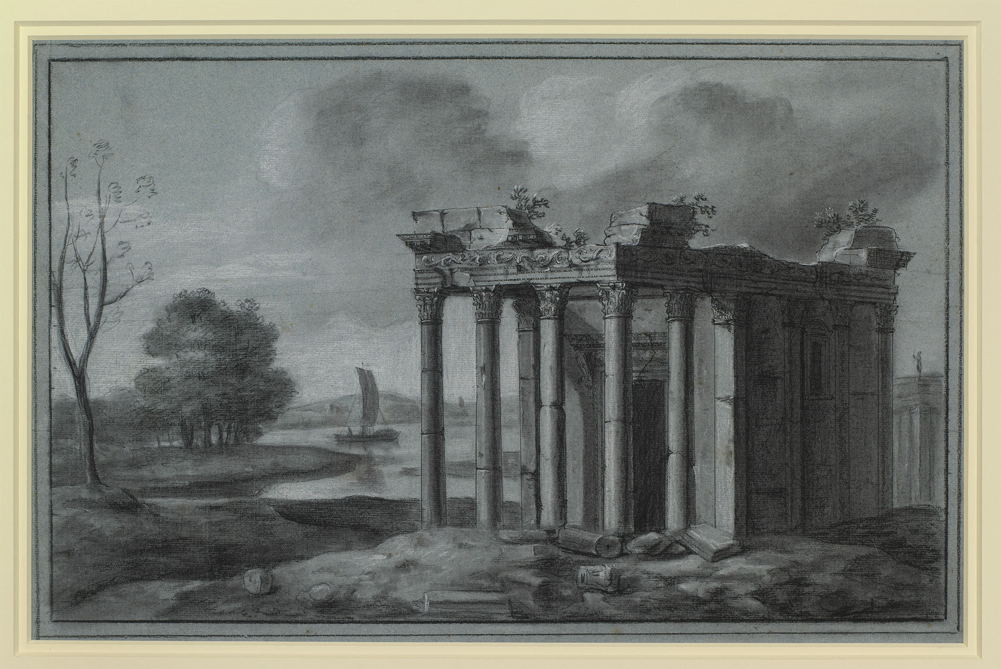 A chalk drawing showing a ruined temple by a lake. The temple is shown in the foreground, with the lake behind. A sailing boat is shown on the water. 
This is one of a series of forty-five loose drawings, in black and white chalk on blue-grey paper, origi