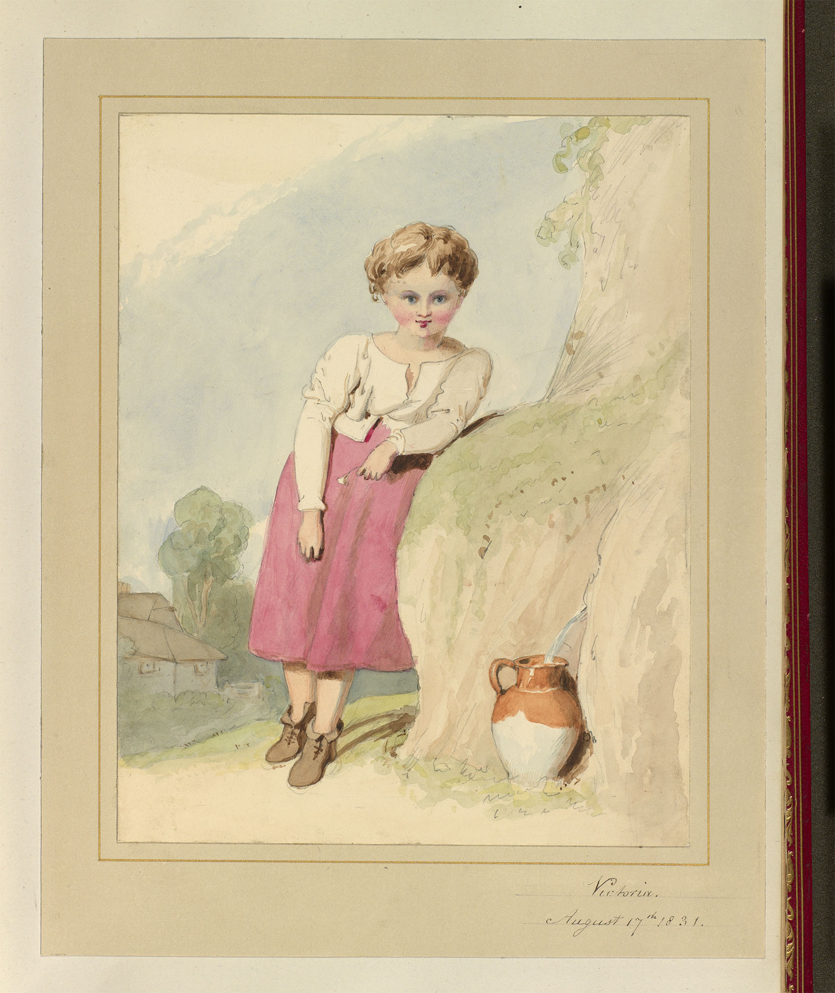 A watercolour showing a young girl filling a pitcher with water from a spring, after Richard Westall (RCIN 925132). She is shown full-length, facing forward and leaning on a rock. She is holding a small wild flower in one hand. Inscribed lower right: Vict