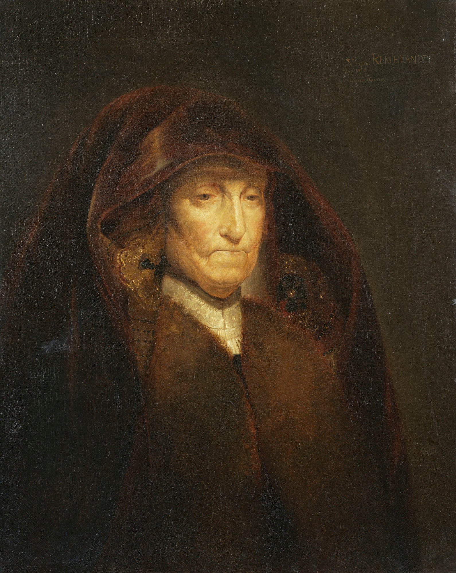This is a copy after Rembrandt's 'Old Woman' (then referred to as 'The Artist's Mother'), which is still in the Royal Collection (RCIN 405000). The artist-Princess has captured the technique and spirit of Rembrandt's original to a remarkable extent.