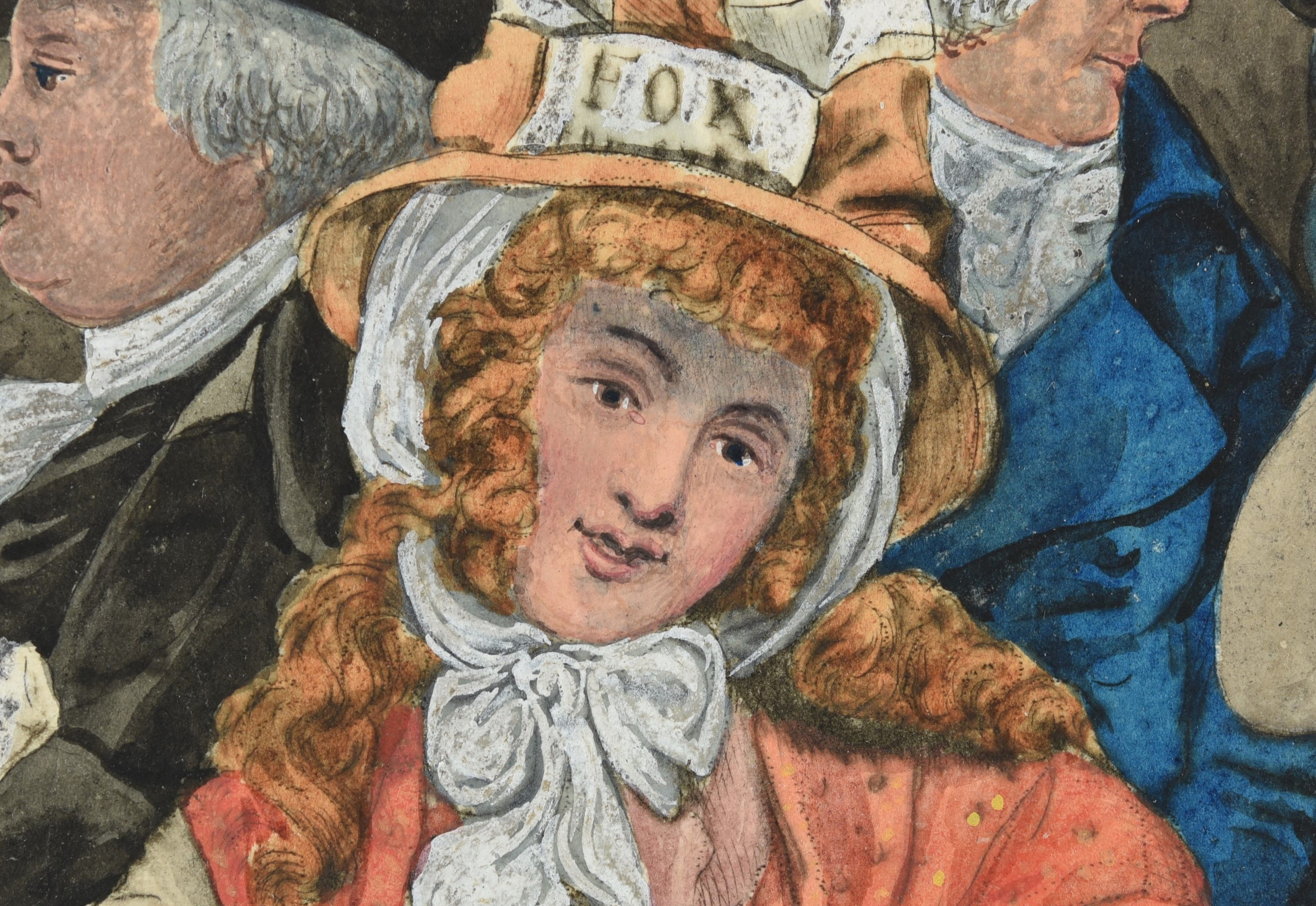 A woman's face. She wears a peach hat and peach coloured shawl. Her face is clearer after conservation treatment.