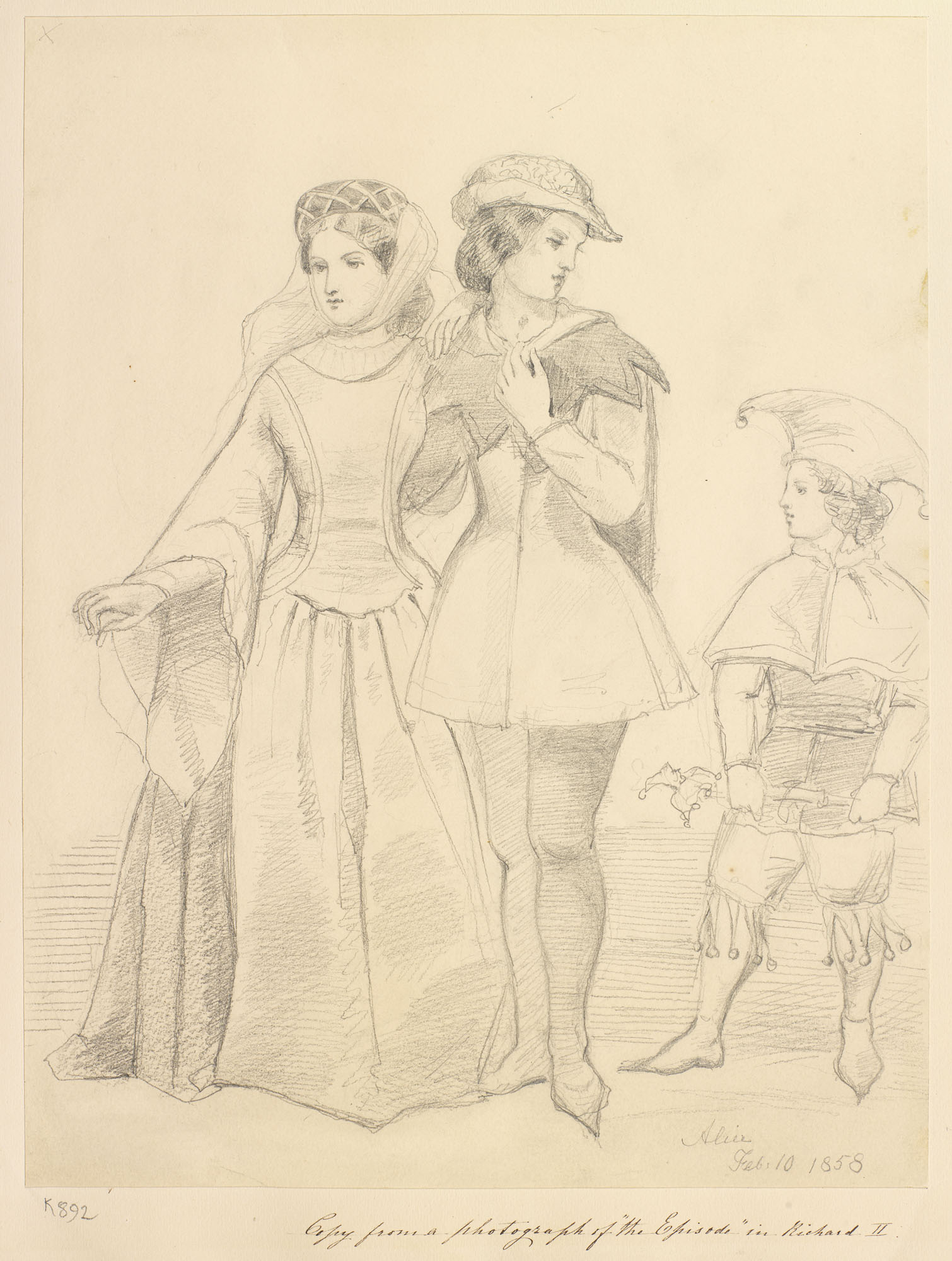A pencil drawing, after RCIN 2909980, showing the actress Kate Terry dressed as a character from William Shakespeare's Richard II. She is shown full-length, facing forward and has her arm around an unknown girl. Terry is shown dressed in a tunic and tight