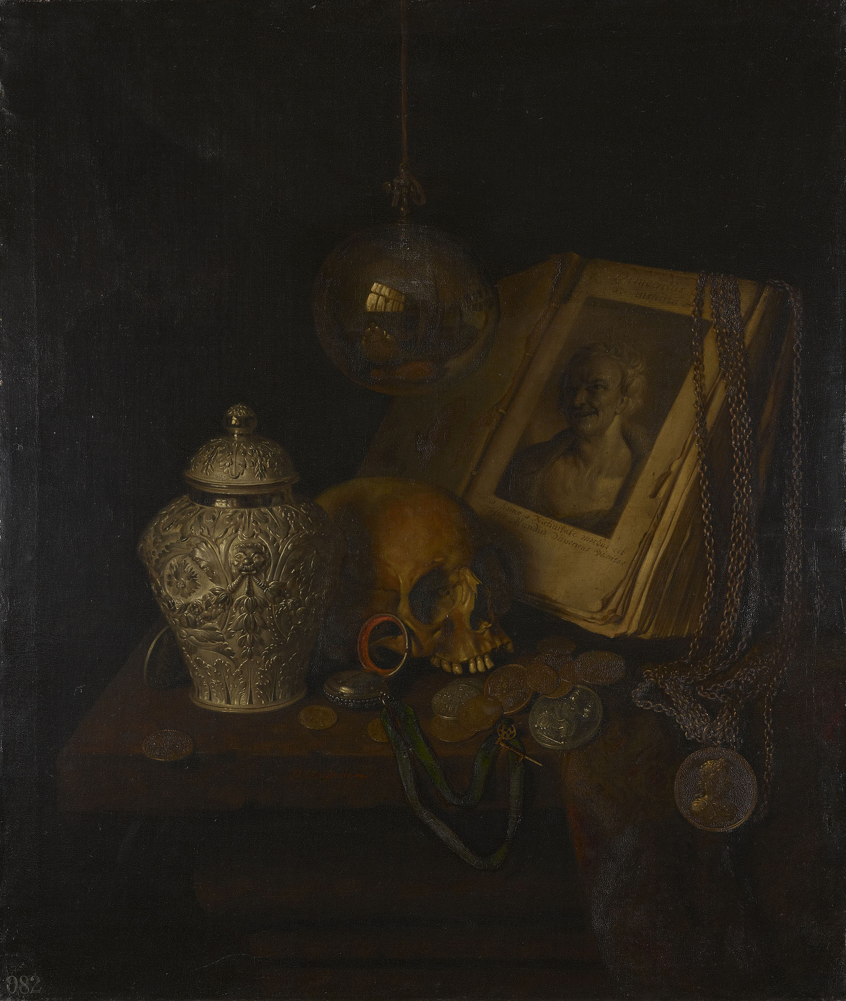 Haarlem low-life genre painter and son-in-law of Frans Hals, Roestraten came to England in 1666 and created a local version of the Dutch 'pronkstilleven' ('still life for show'), with prominence given to English silver. 

The Vanitas is a subject so uni