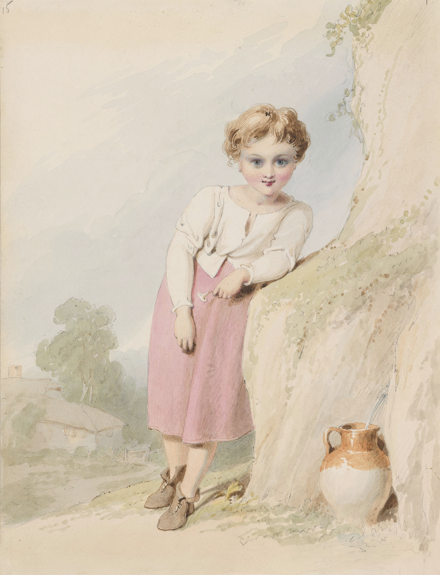 A watercolour showing a young girl filling a pitcher with water from a spring. She is shown full-length, facing forward and leaning on a rock. She is holding a small wild flower in one hand. Princess Victoria, later Queen Victoria, received her first draw