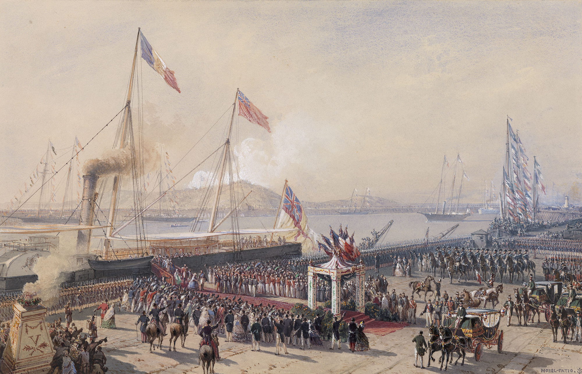 A watercolour and bodycolour drawing of the Royal Yacht&nbsp;in the harbour at Boulogne, greeted by crowds on the shore. Queen Victoria is disembarking from the boat, greeted by Napoleon III. Signed at lower right: MOREL-FATIO and with an anchor pictogram