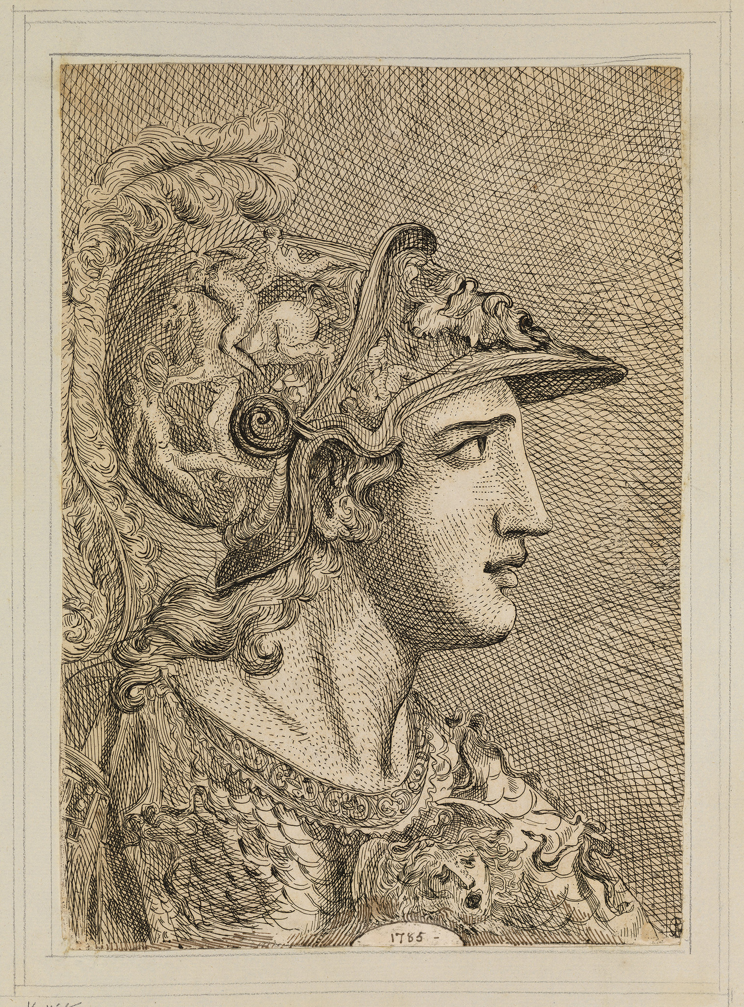 An etching showing the head of Minerva, after a drawing by Giulio Clovio (RCIN 990453). She is shown facing right in profile and is wearing a heavily decorated helmet and breastplate. Amendments and the date 1785 -&nbsp; have been added in pen and ink to 