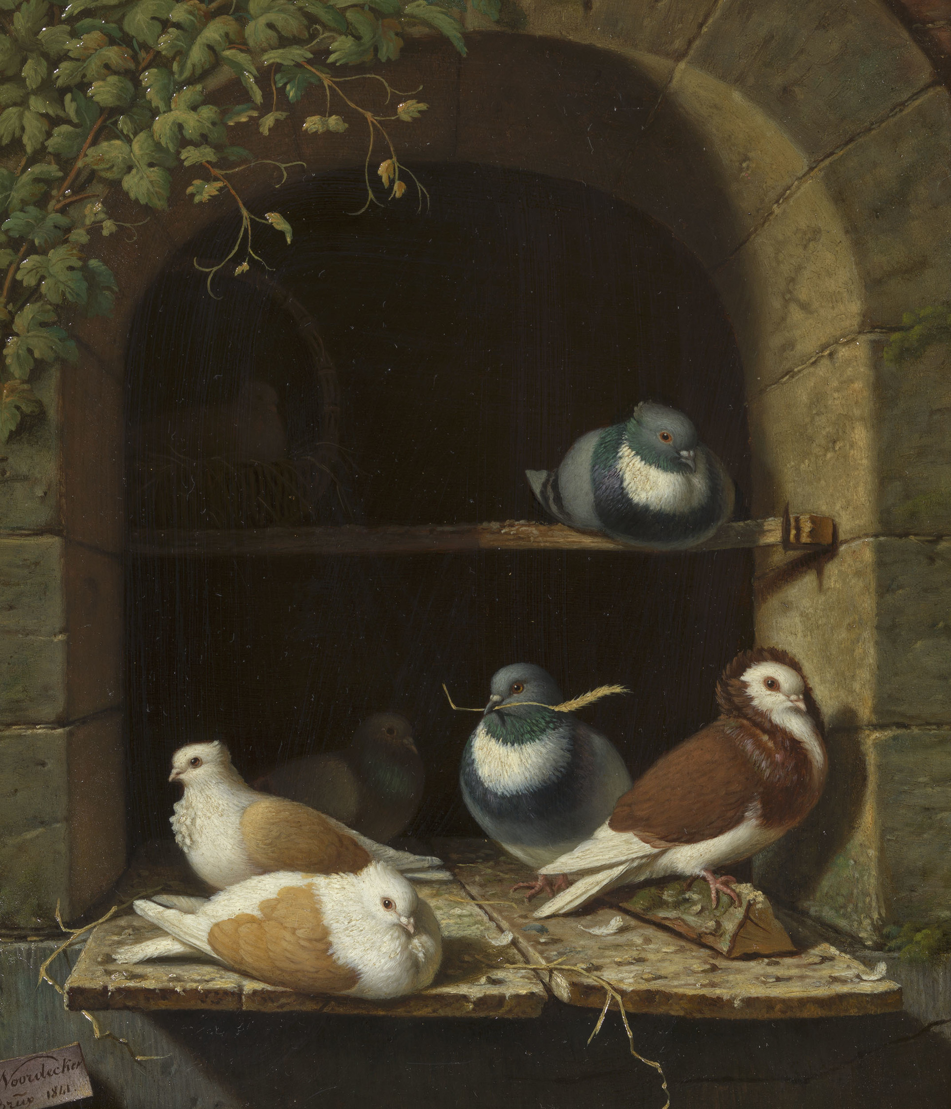 Henri Voordecker (1779-1861) studied with Jean-Baptiste le Roy. He specialized in genre scenes, landscapes and romantic depictions of animals, particularly pigeons. During his lifetime he won acclaim in Britain. His painting The Hunter's Return was bought
