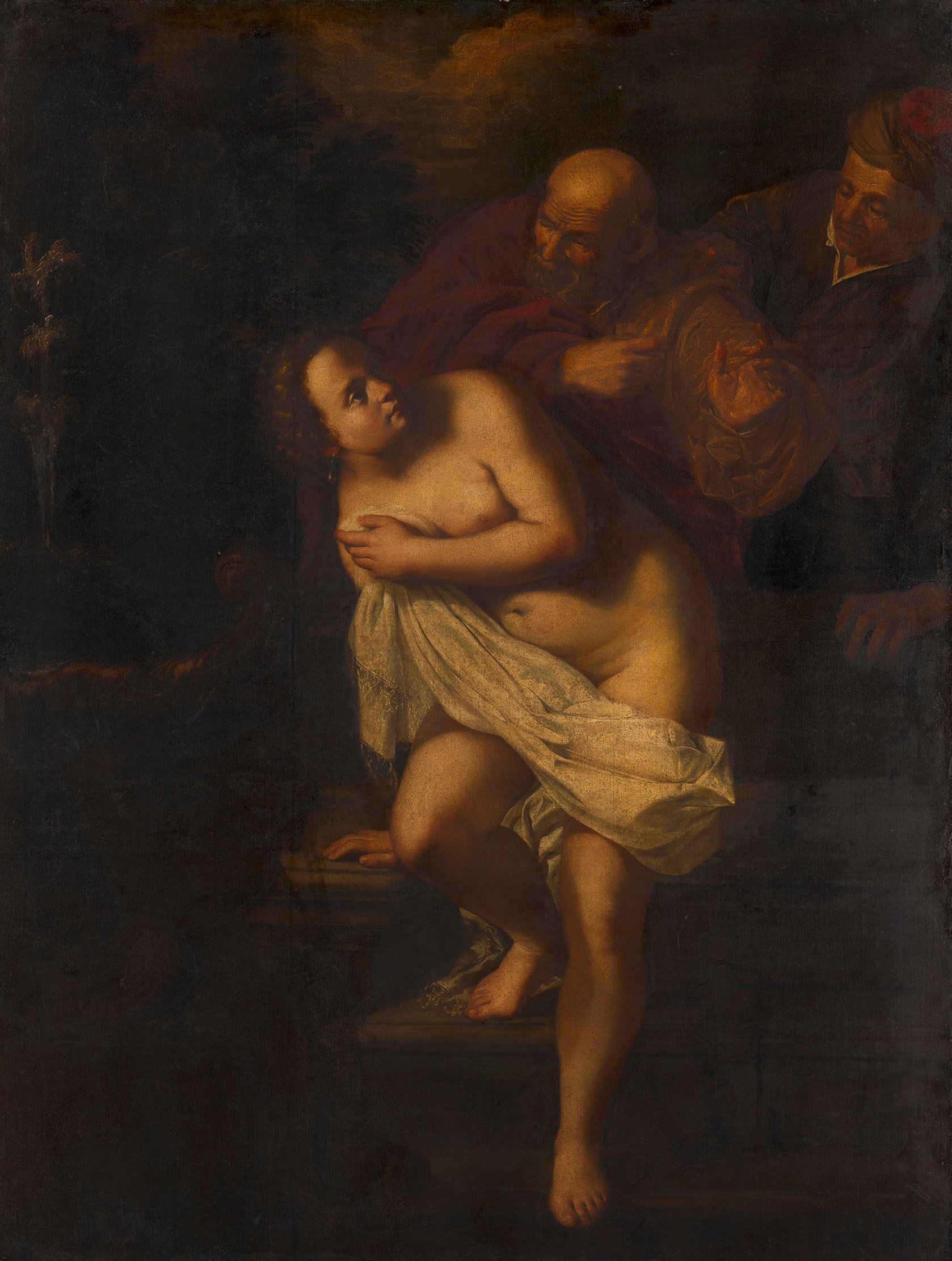 A painting of a woman partially covering her naked body. Two men stand next to her looking at her. 