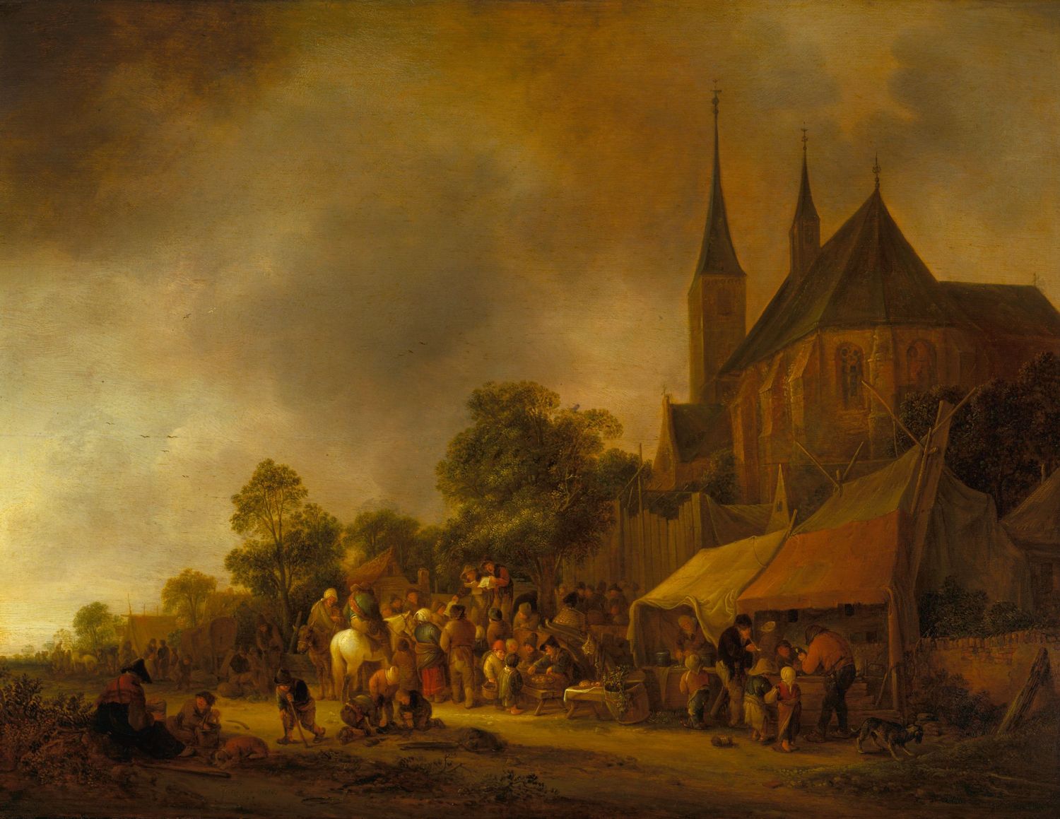 Heavily varnished painting showing a village scene