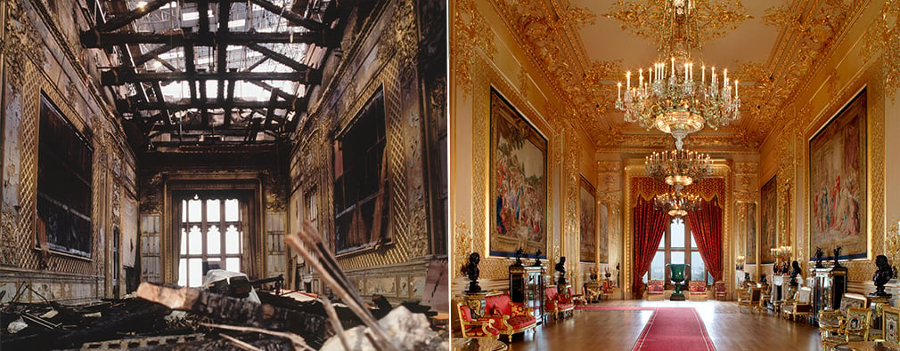 The Grand Reception Room before and after restoration.