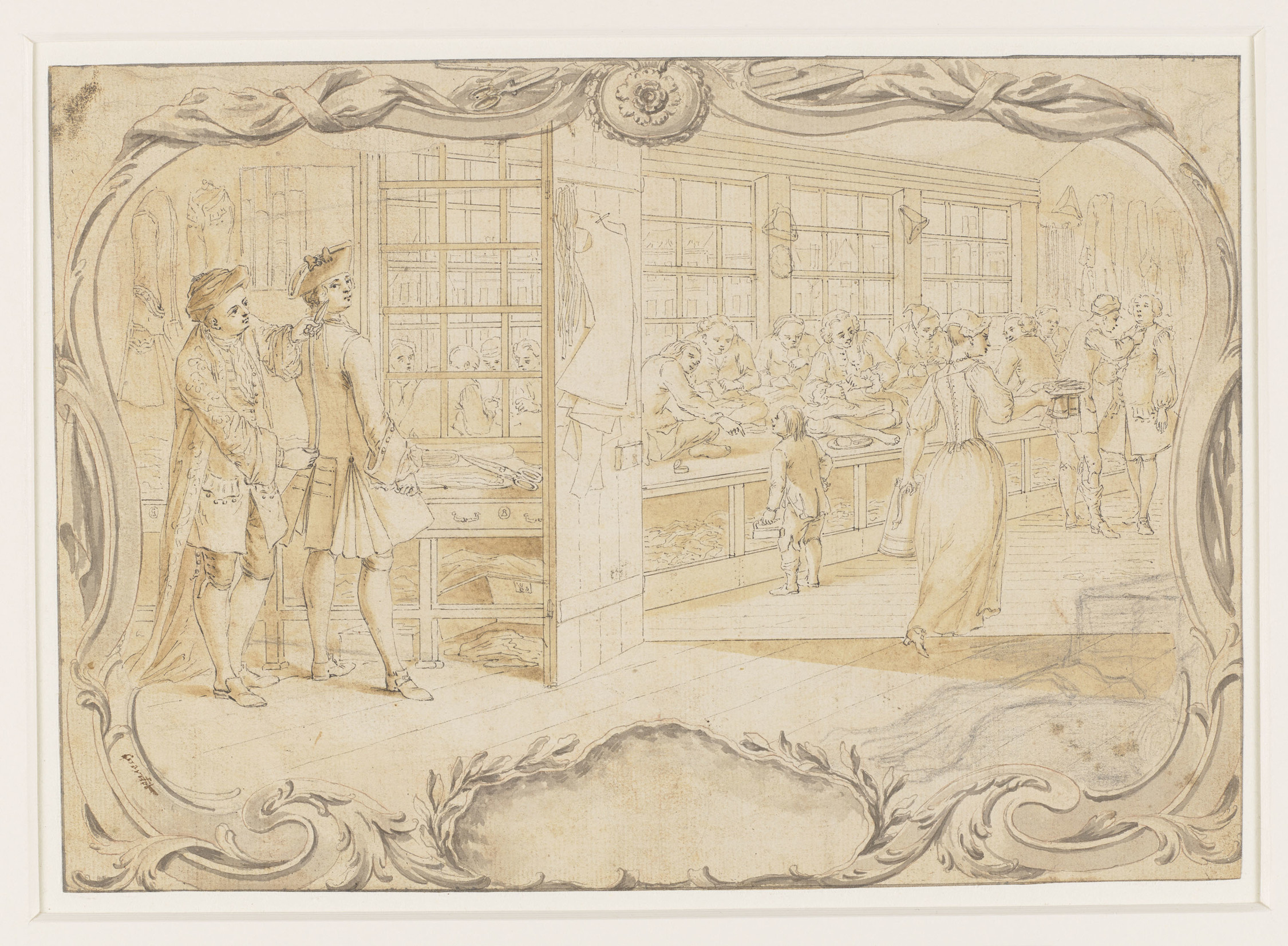 Drawing of a tailor's shop c. 1749 by Louis Philippe Boitard RCIN 913279