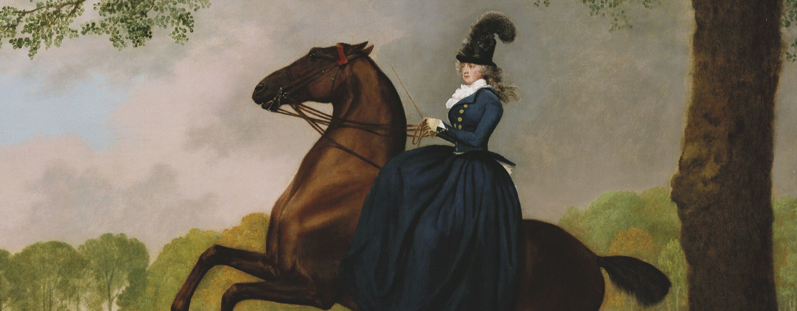 Detail of a Georgian lady in a blue dress riding a rearing brown horse