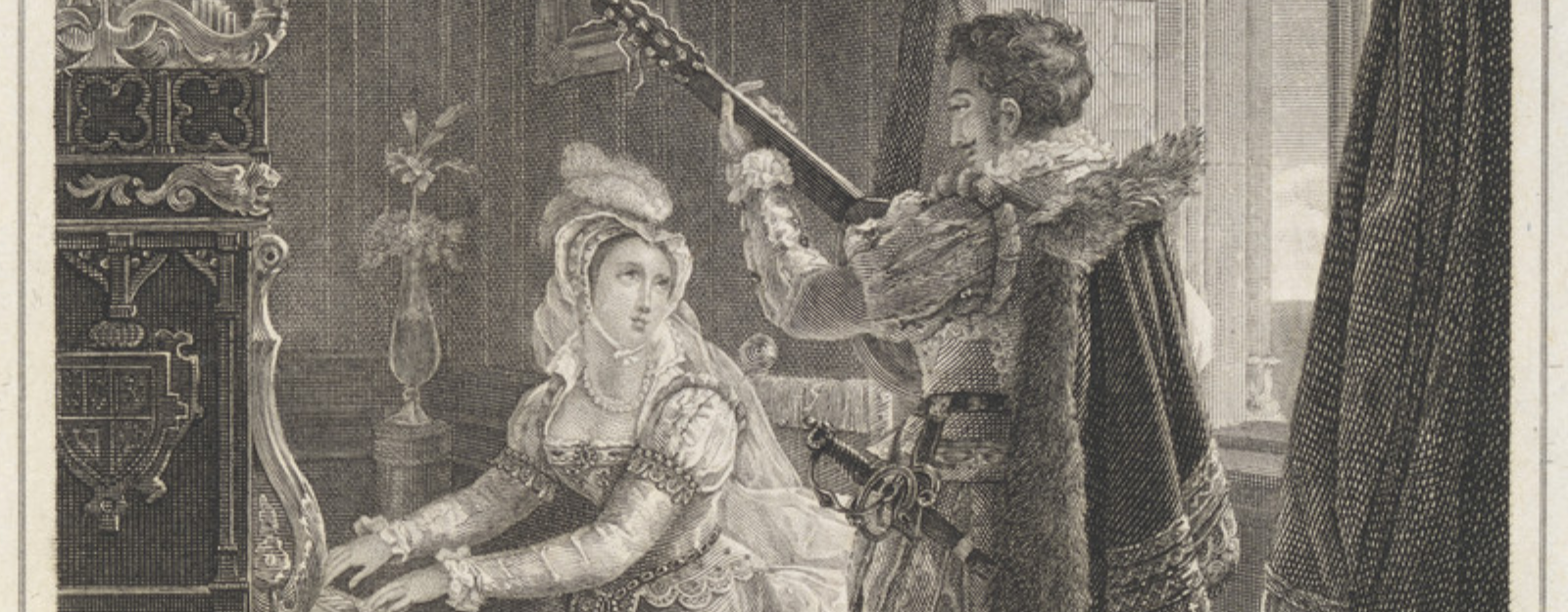 Drawing of Mary, Queen of Scots and courtier playing music