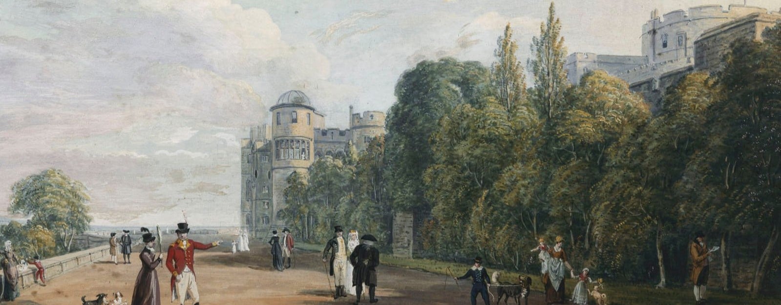 Section of a Victorian watercolour showing people on the North Terrace at Windsor Castle.