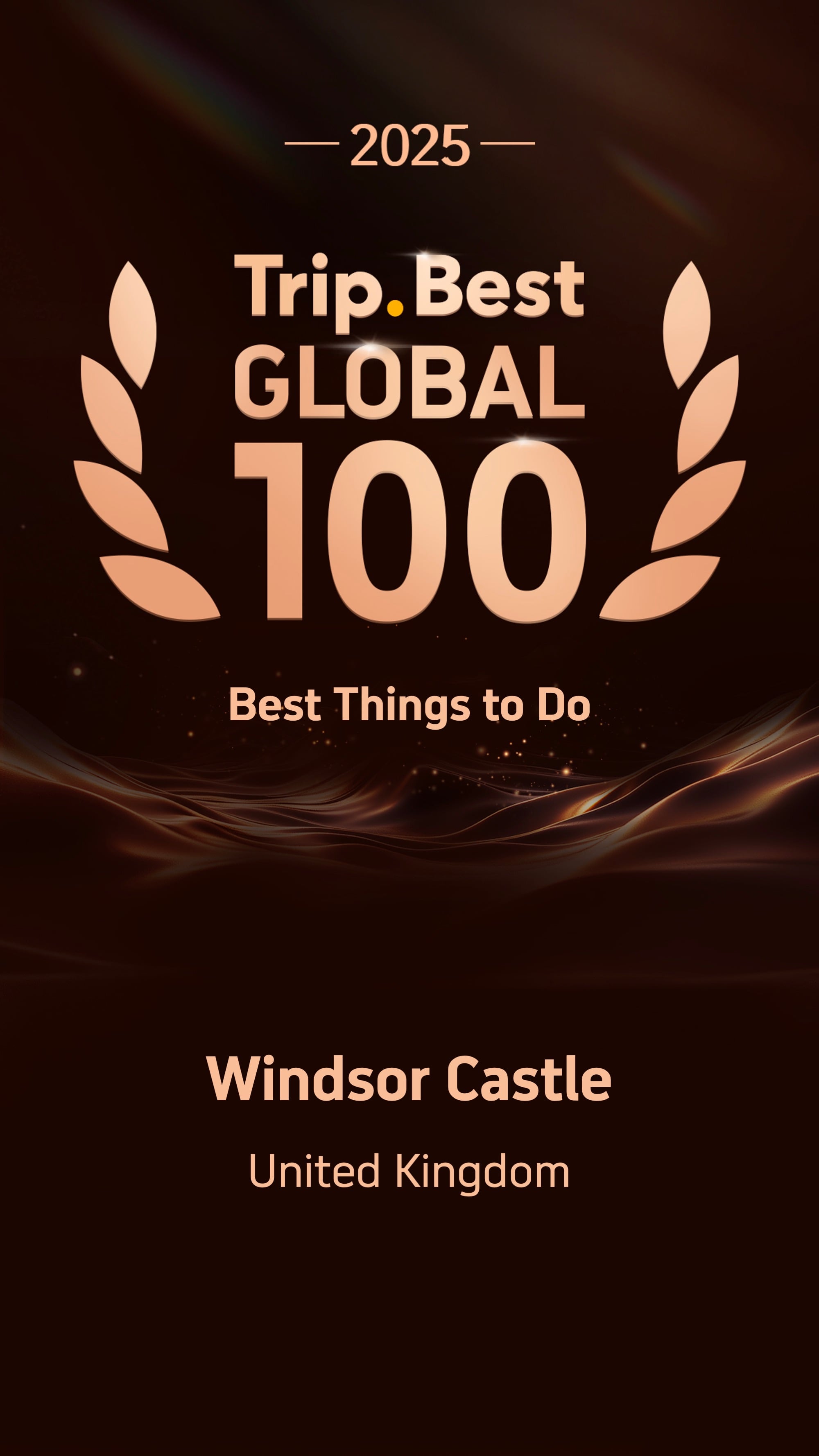 Dark bronze background with metallic letters indicating Windsor Castle as one of the 2025 Global 100 Best Things to Do on Trip.com