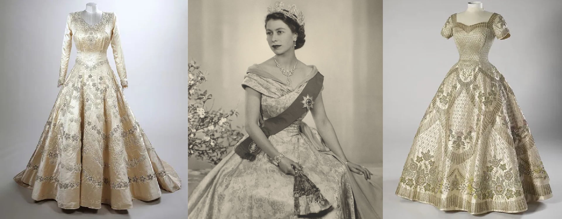 Queen Elizabeth II's Wedding Dress (left)' Queen Elizabeth II wearing a cream silk evening gown with foliate beaded embroidery designed by Sir Norman Hartne (centre); Queen Elizabeth II's Coronation Dress (right)