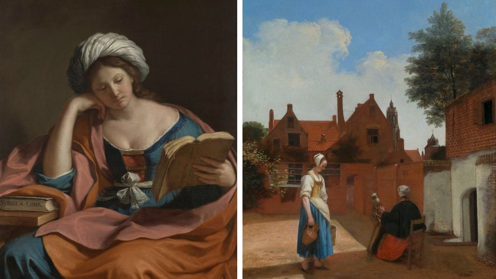 A painting of a woman reading a book and two women in a Dutch courtyard
