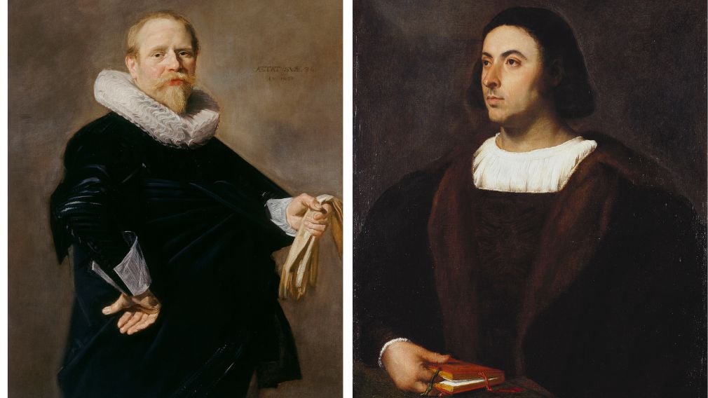 Two paintings of men wearing black clothes