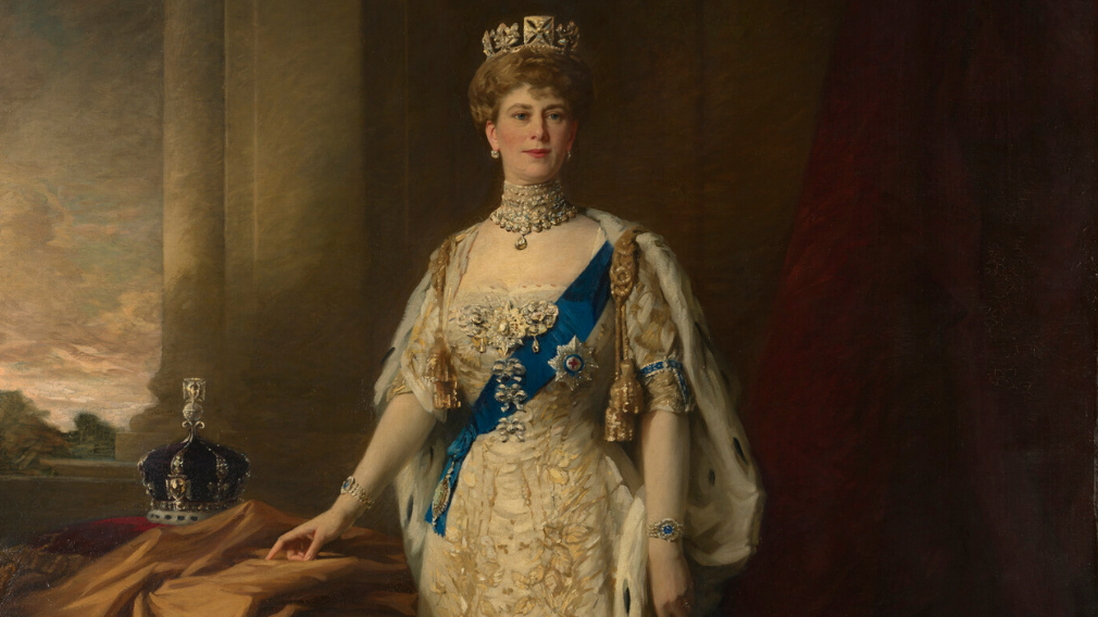 Sir William Samuel Henry Llewellyn, Queen Mary (1867-1953), 1911-12 (RCIN 402024) Queen Mary is depicted standing full length in Coronation Robes in an interior; a landscape is visible to the left of the column behind the Queen.
