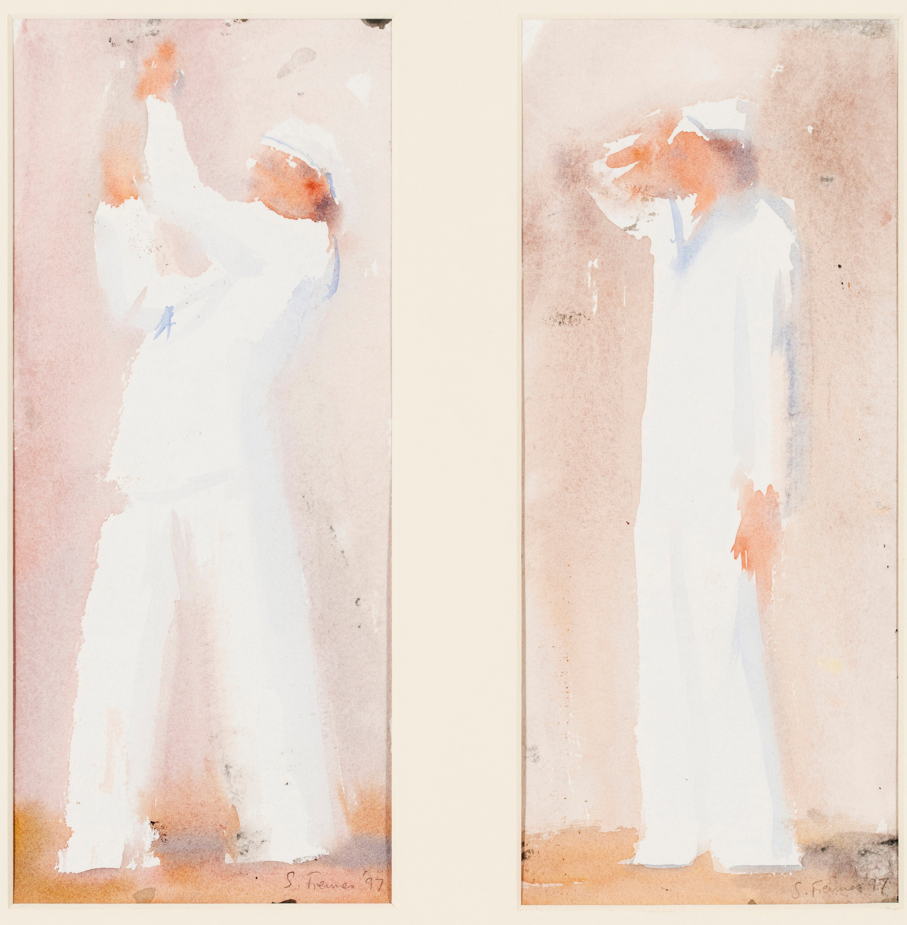A drawing of two sailors, one hoisting a flag and one saluting by Susannah Fiennes. 