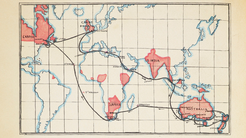 This chart shows the route taken by the royal couple. Illustration from Harry Price, The Royal Tour 1901, or the Cruise of HMS Ophir (RCIN 1006990) This chart shows the route taken by the royal couple.