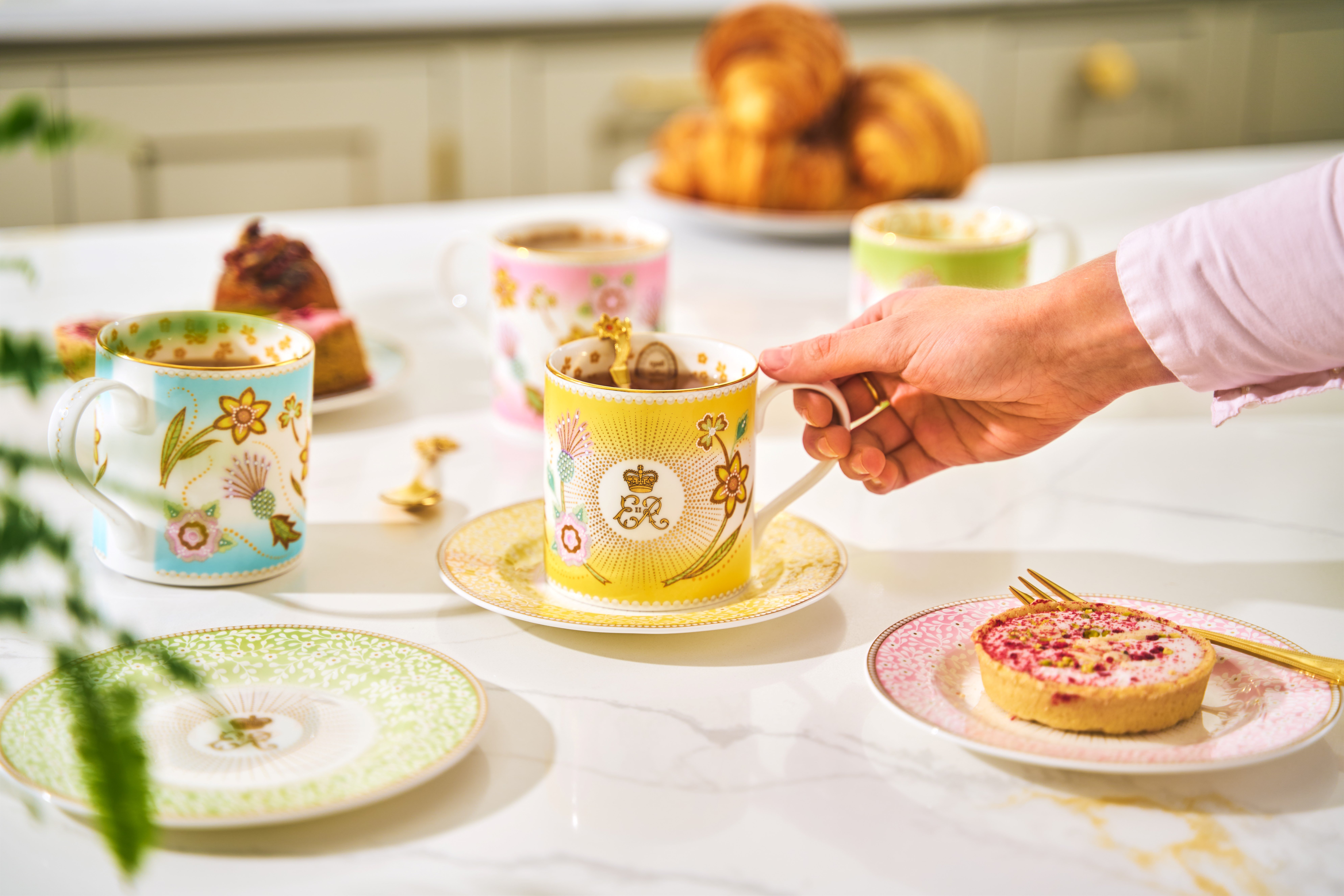 Tea cups and other products from the new commemorative range for Queen Elizabeth II's centenary
