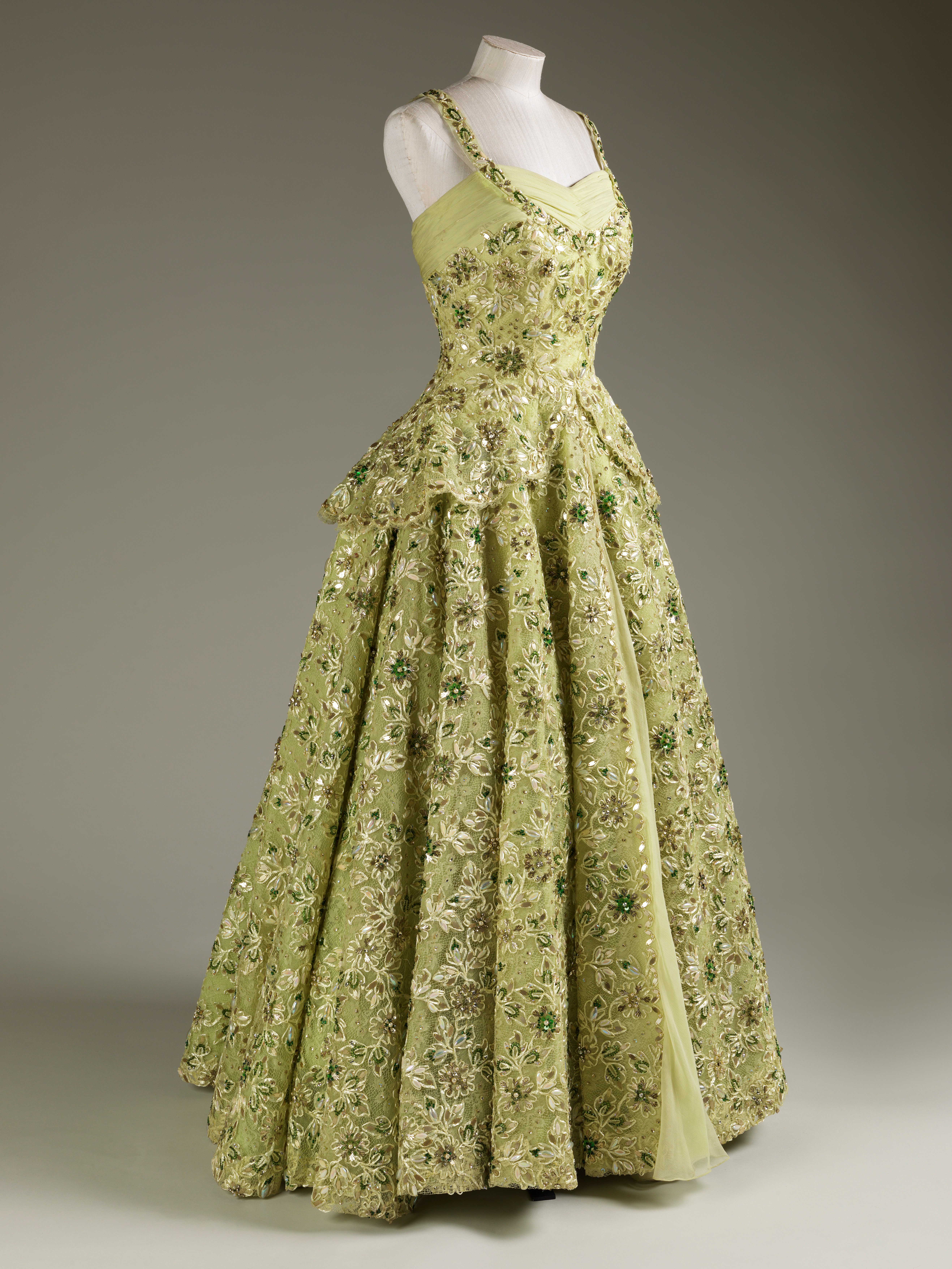 Pale green crinoline evening gown, worn during the State Visit to the USA, 1957 (RCIN 200124) Pale green crinoline evening gown