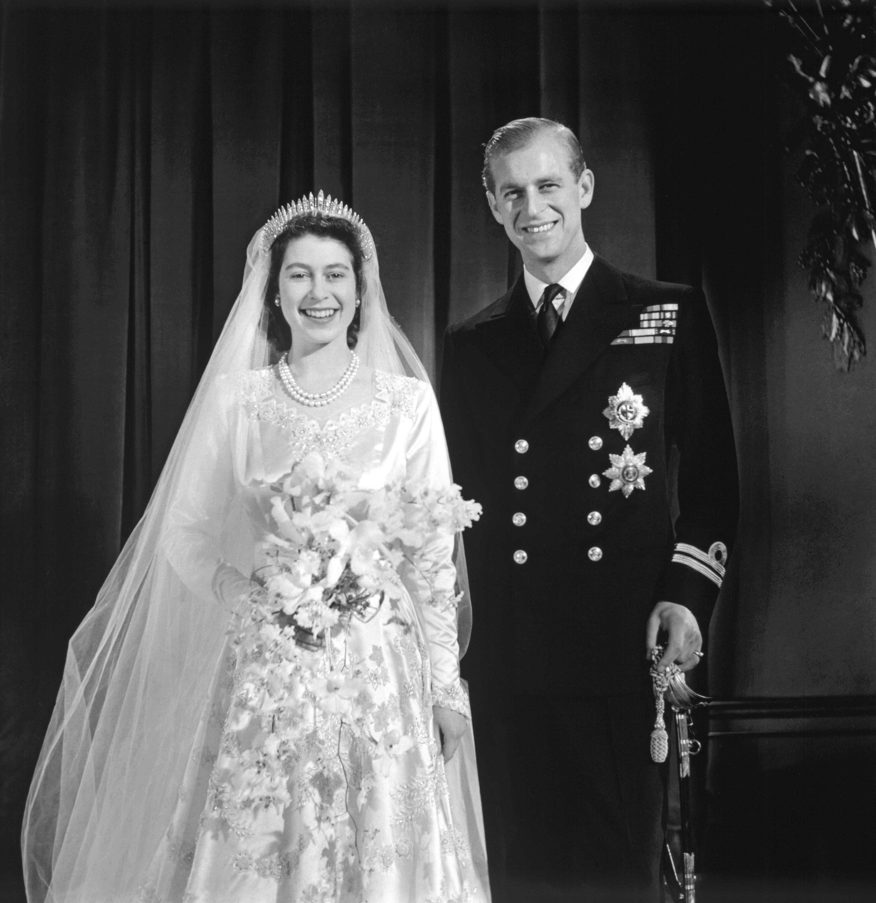 Wedding photograph of Princess Elizabeth and Philip Mountbatten on their wedding day (RCIN 2805954) Black and white wedding photograph of Princess Elizabeth and Philip Mountbatten on their wedding day
