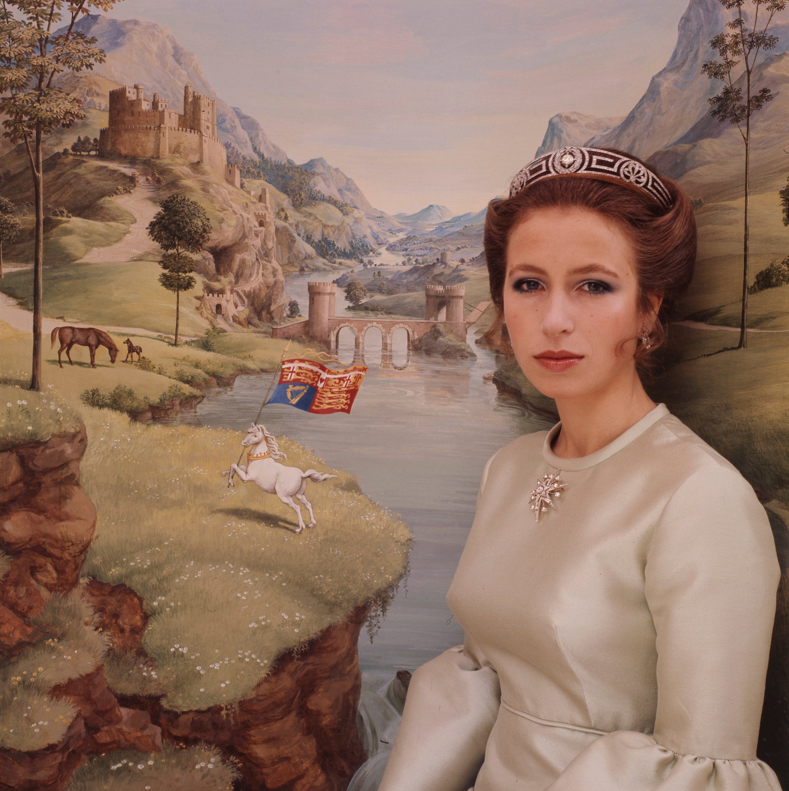 Princess Anne on her 21st birthday stood in front of a painted backdrop