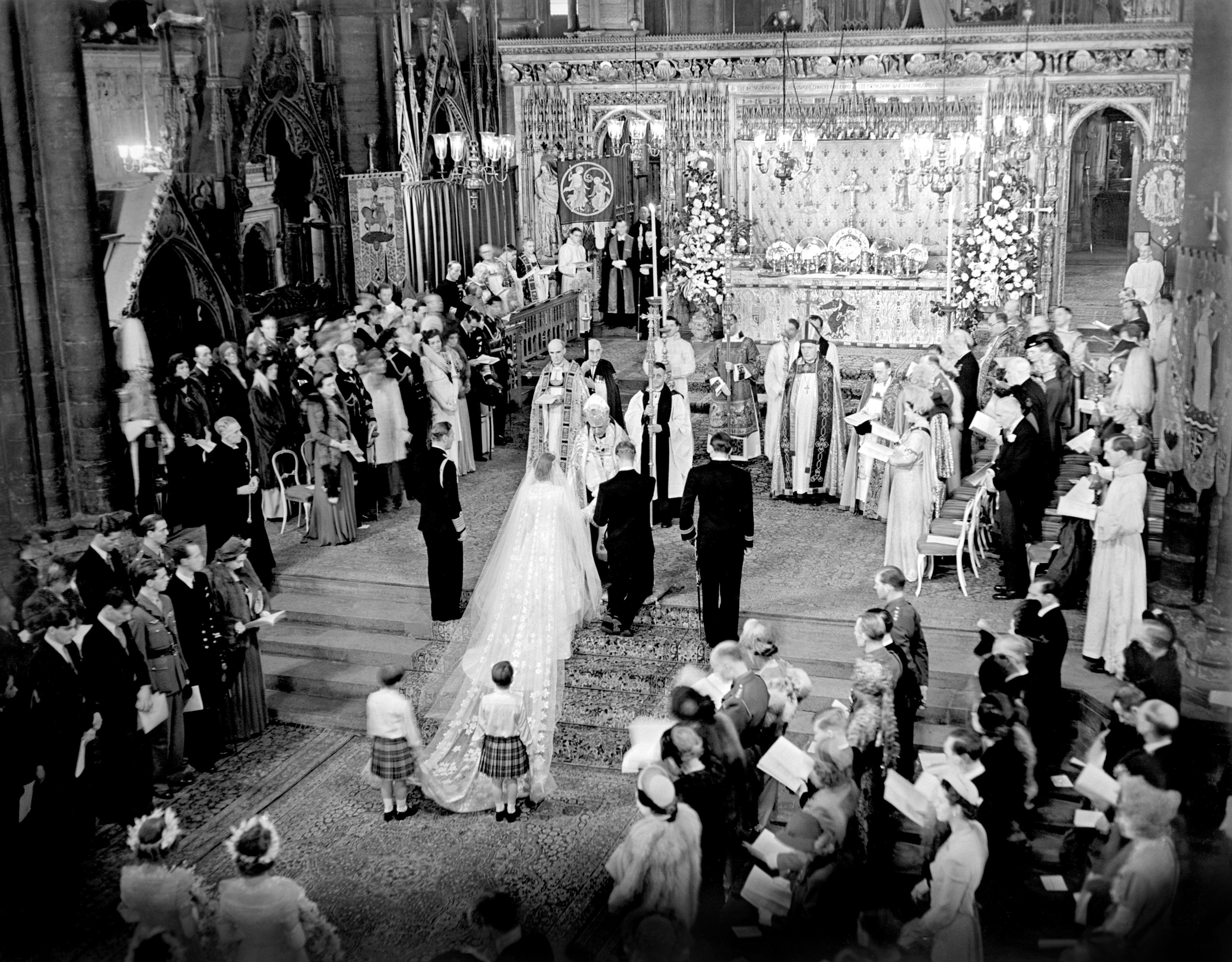 Black and white photograph of wedding ceremony.