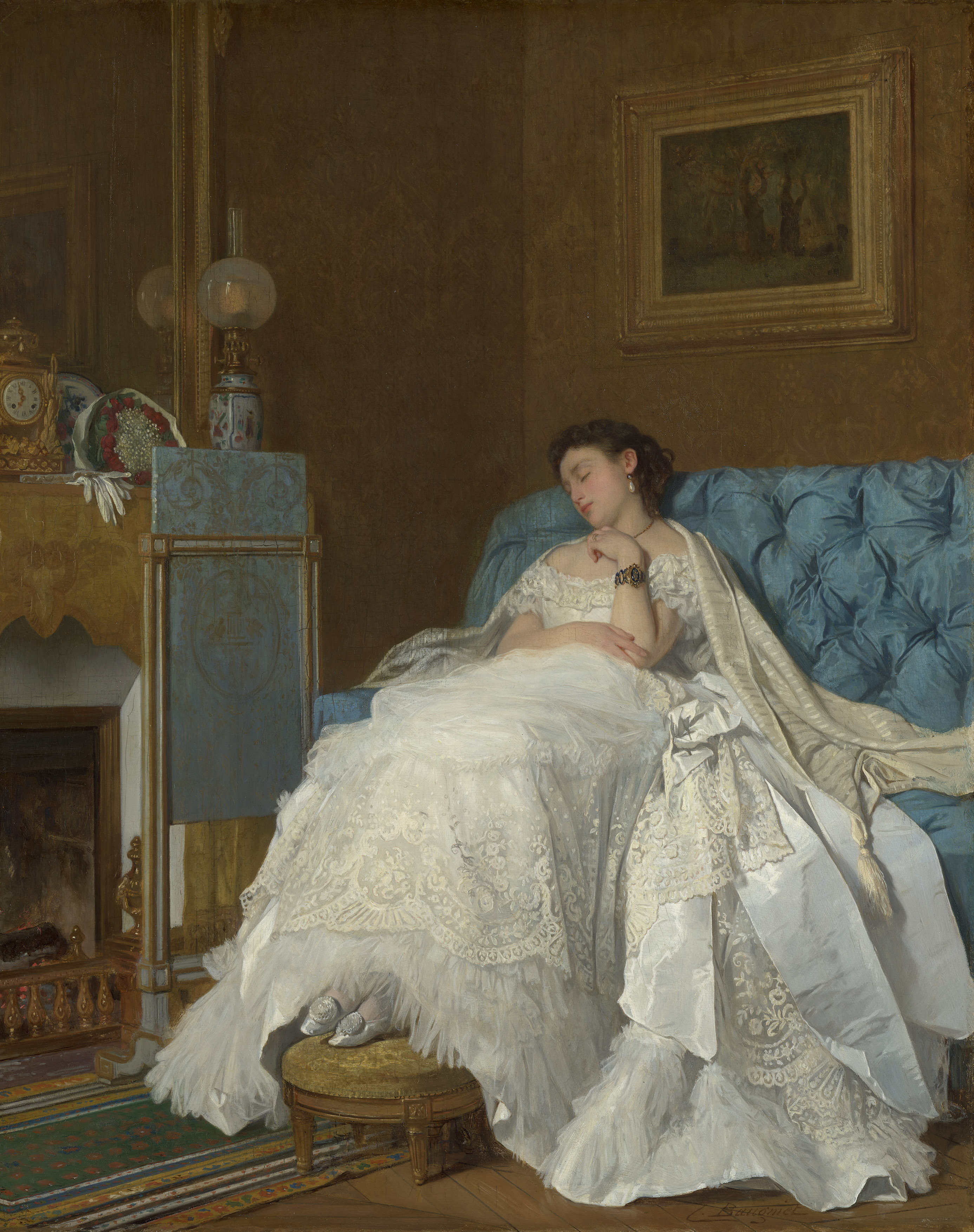 Charles Baugniet, 'After the Ball': a Lady in a Ballgown Asleep on a Sofa, c.1860–67