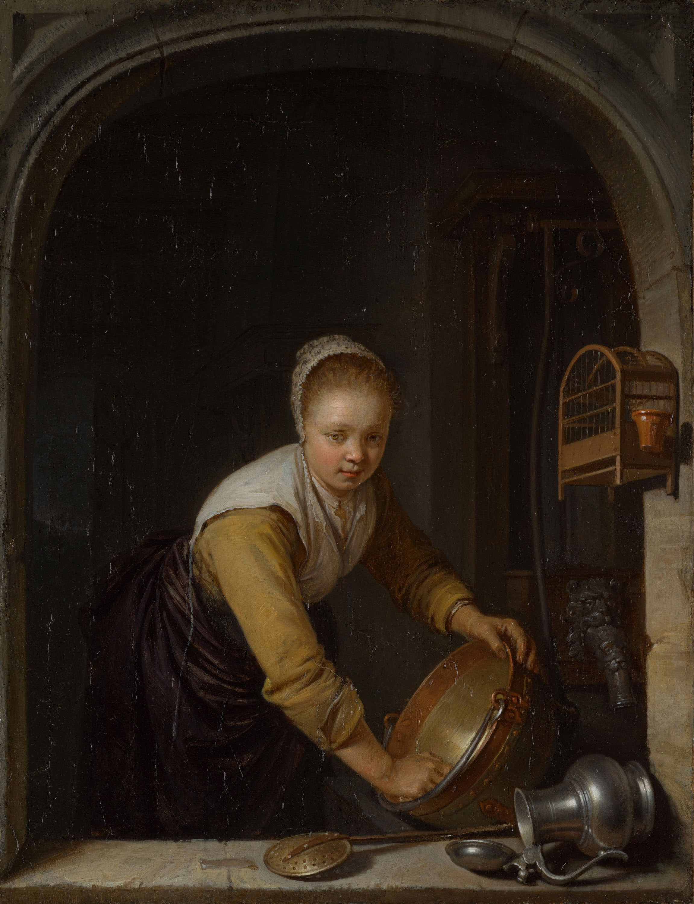 Gerrit Dou, A Maidservant Scouring a Brass Pan at a Window, 1663 (RCIN 404618) Gerrit Dou, A Maidservant Scouring a Brass Pan at a Window, 1663