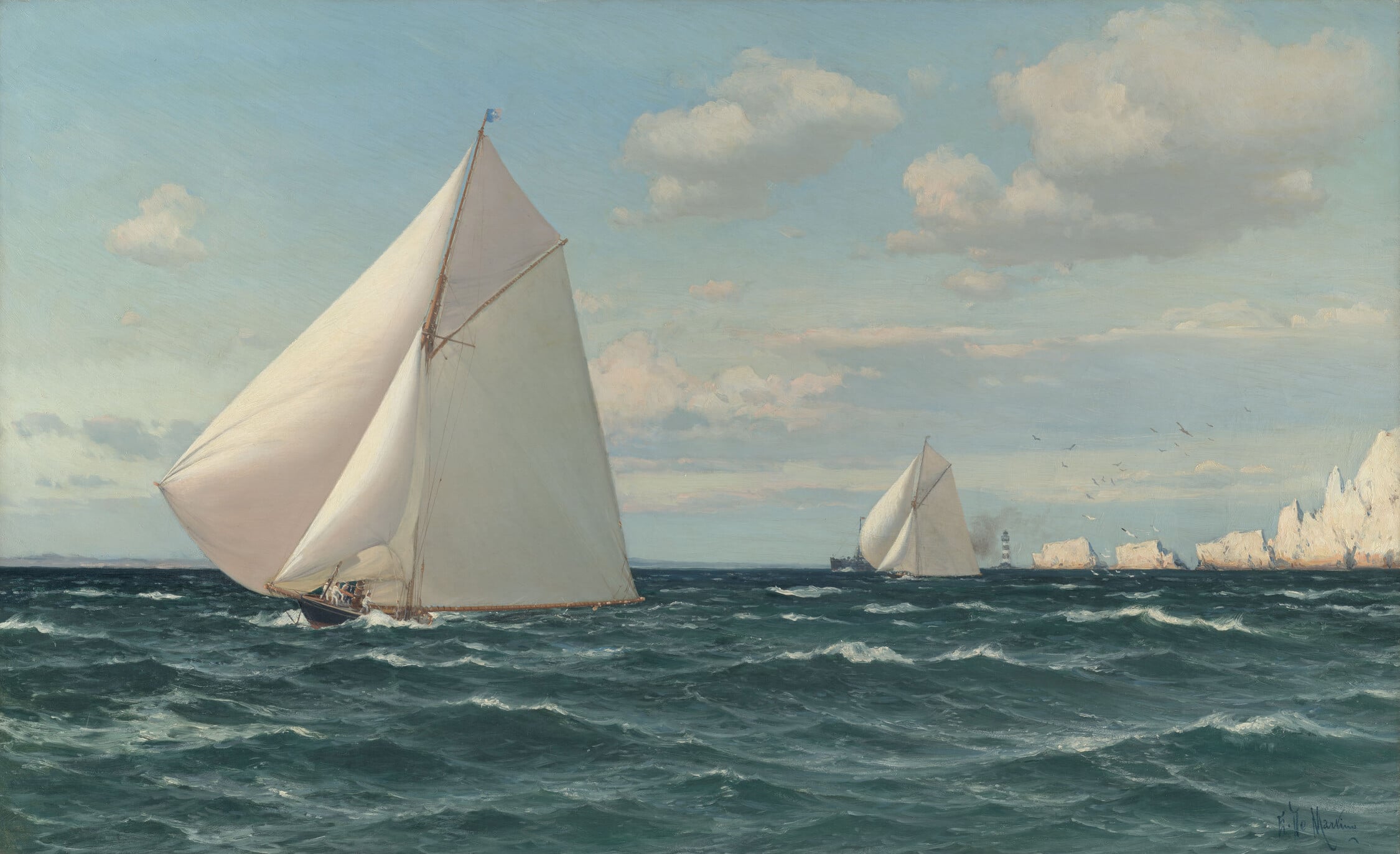 Eduardo De Martino, The Yachts 'Britannia' and 'Ailsa' off the Needles, Isle of Wight, 1895 (RCIN 404712) A painting by Eduardo De Martino. Under an evening sky, a race between 'Britannia' in the foreground and 'Ailsa' in front of a warship.