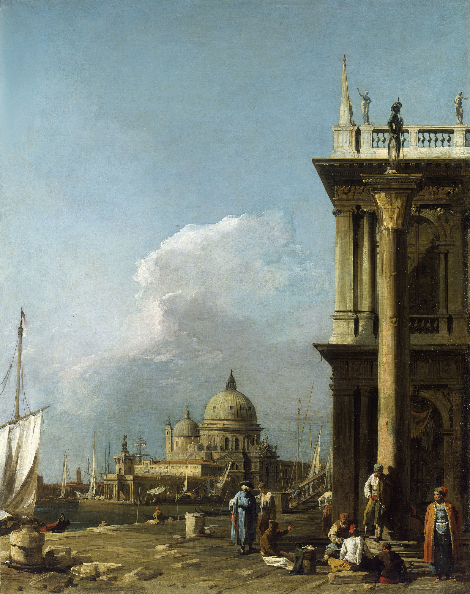 This painting by Canaletto shows the view towards the Dogana, the porticoed custom house at the entrance to the Grand Canal, and the church of Santa Maria della Salute.