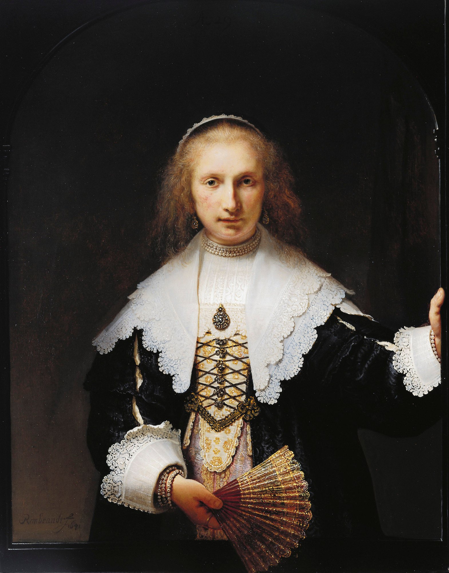 A portrait painting of Agatha Bas wearing a black gown worn over a stomacher of which silk patterned with gold flowers. 