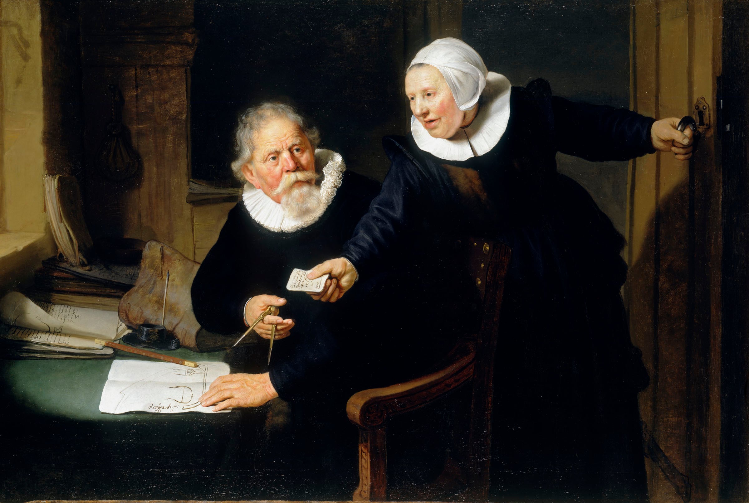 Rembrandt van Rijn "The Shipbuilder and his Wife": Jan Rijcksen and his Wife, Griet Jans (RCIN 405533) A painting of a man seated at a desk covered with books and papers before a window; he turns to receive a letter from his wife.