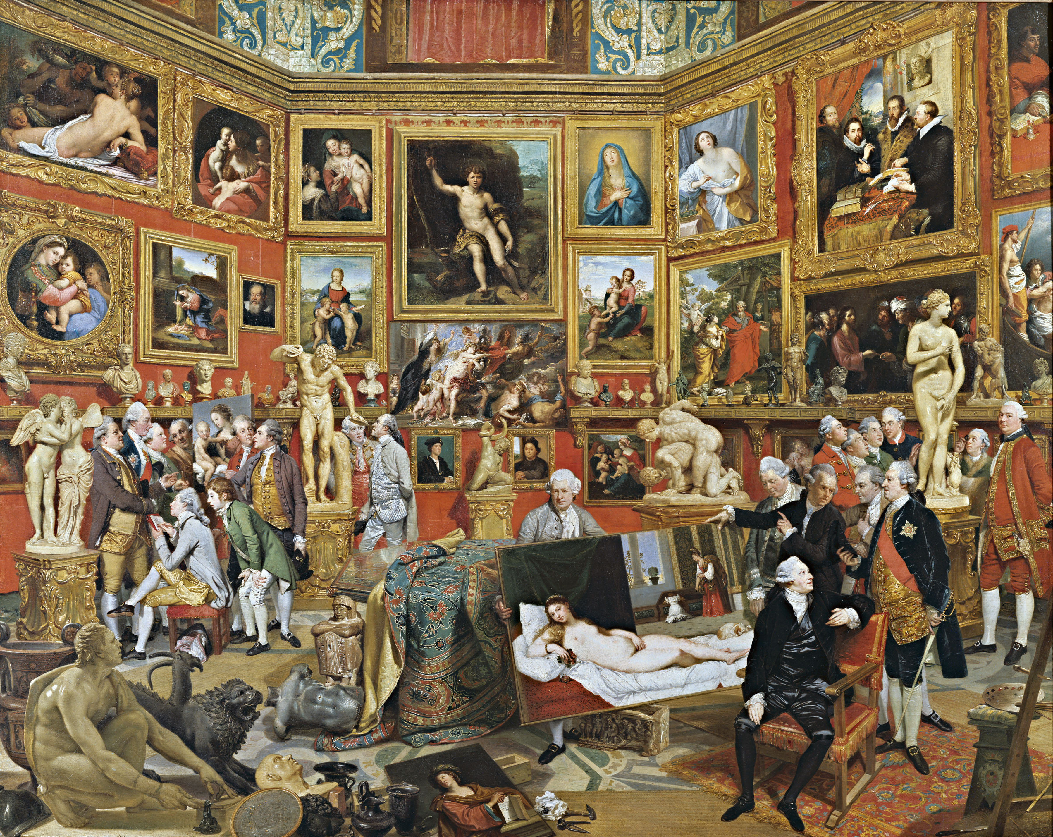 Johan Joseph Zoffany, The Tribuna of the Uffizi (RCIN 406983) A painting of people gathered in a gallery filled with paintings and sculptures.