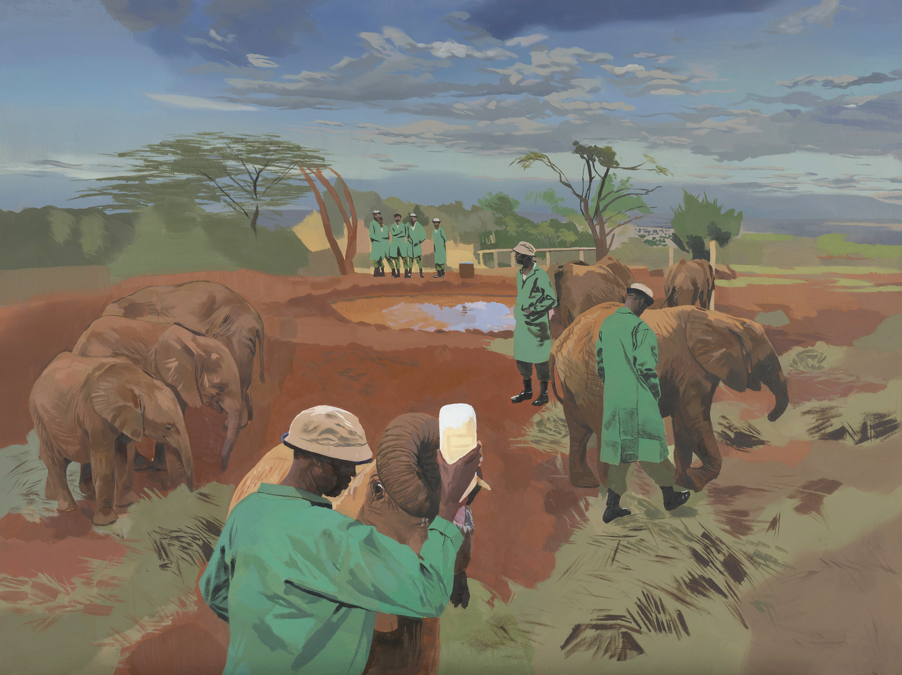 A painting showing elephants in a field with workers feeding them