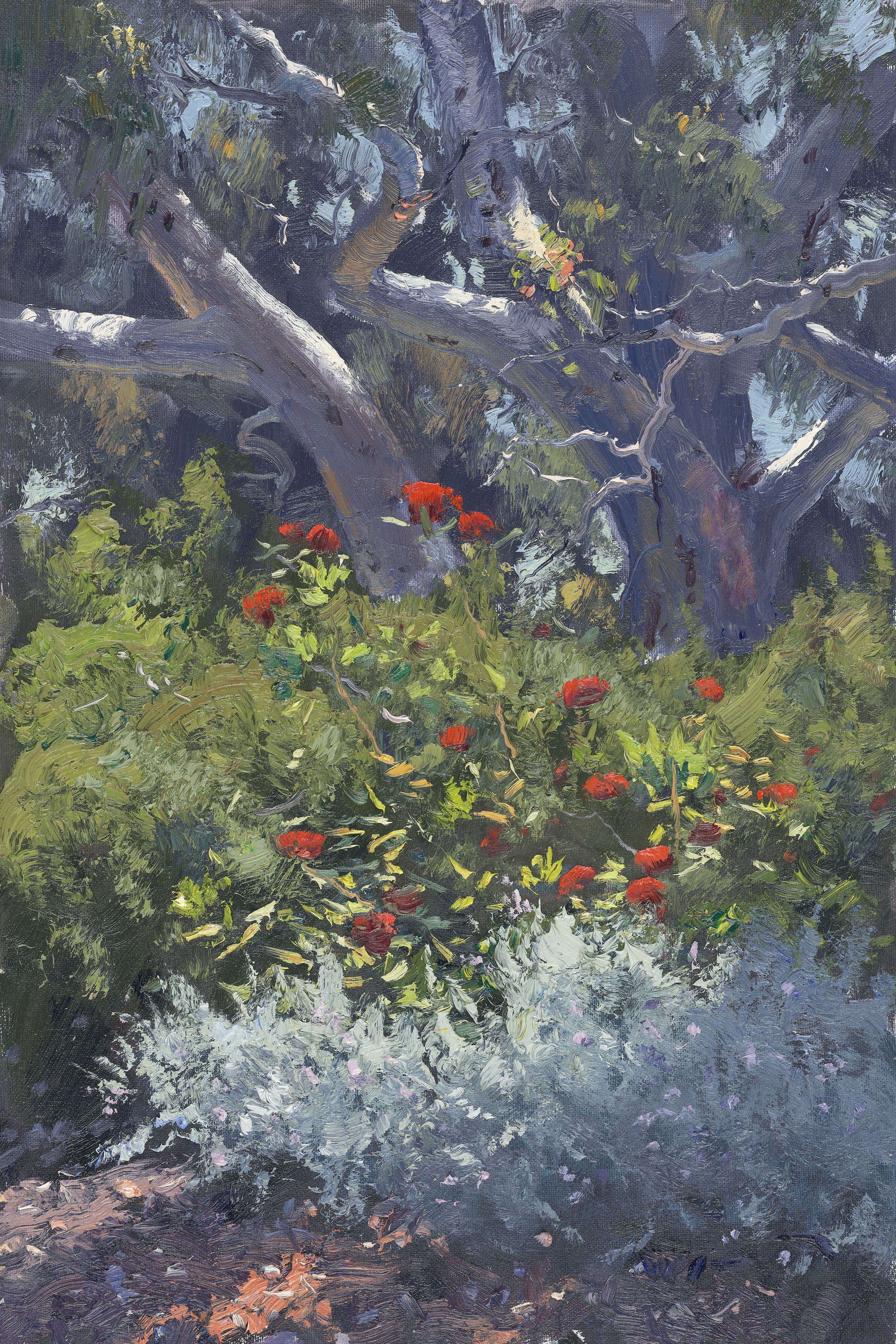 A painting of flowers and trees by Warwick Fuller 