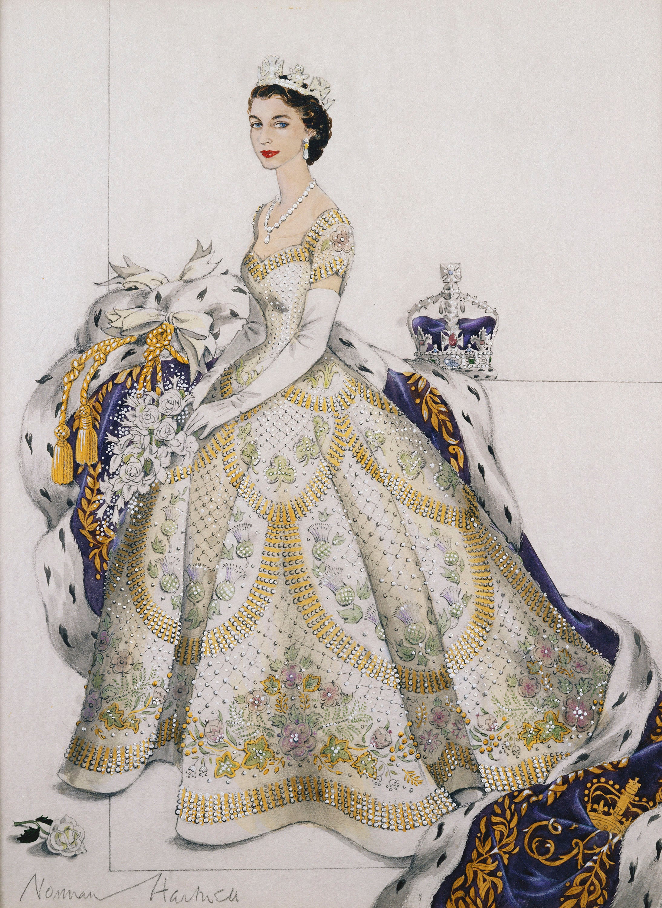 Sketch of Queen Elizabeth II wearing the Coronation Dress (RCIN 451858) Sketch of Queen Elizabeth II wearing the Coronation Dress