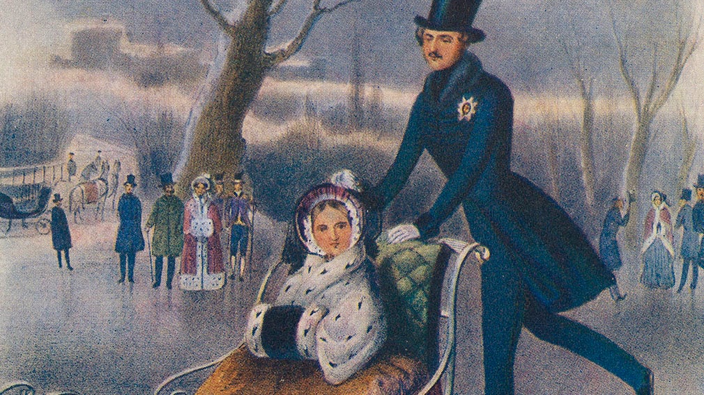 Queen Victoria and Prince Albert skating at Windsor (RCIN 605929) Two people ice skating. One is a sleigh.