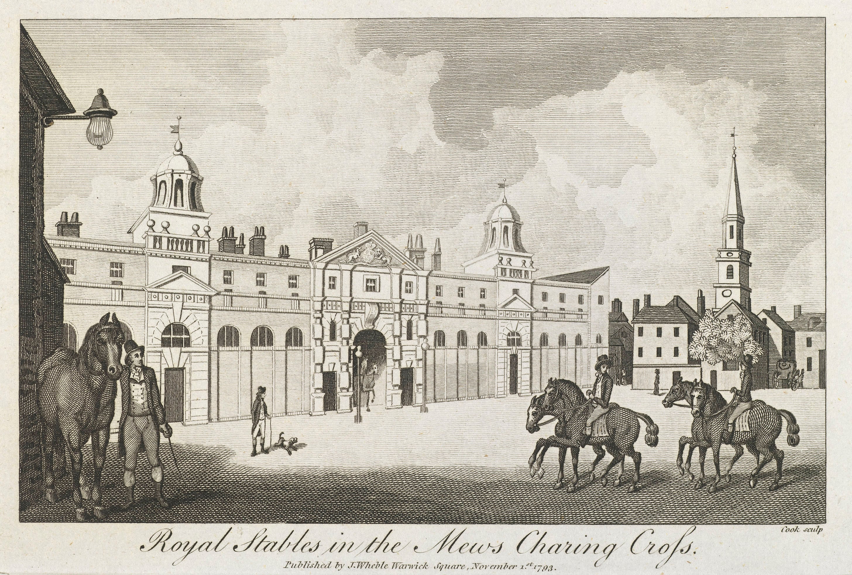 Etching showing the Royal Mews at its original location at Charing Cross on the presentday site of the National Gallery.