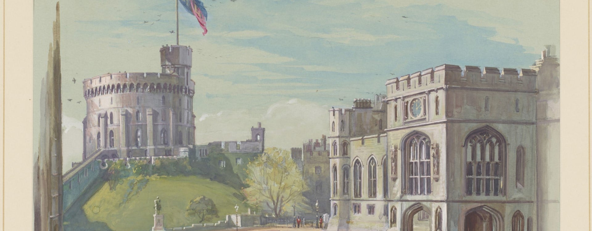 A painted watercolour of the Round Tower of Windsor Castle from the Quadrangle