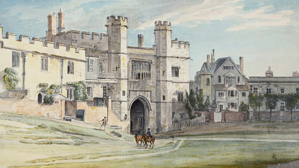 Watercolour of Henry VIII's Gate c. 1770 (RCIN 914551) A drawing of the exterior of a castle with grass outside and people on horseback