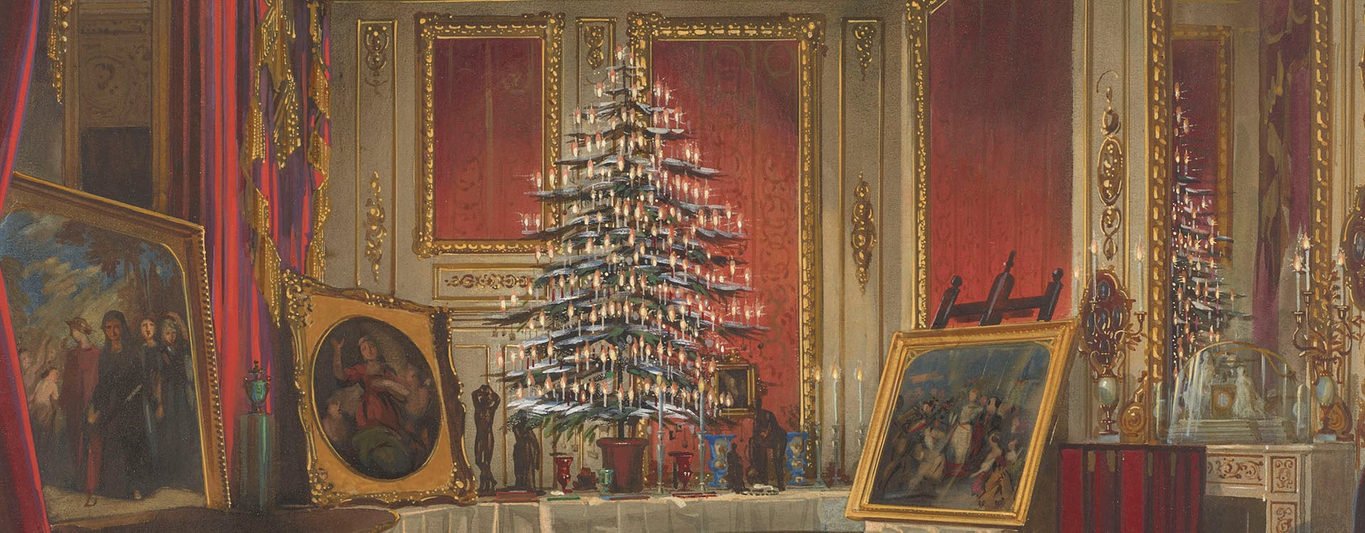 Queen Victoria's Christmas tree at Windsor Castle, 1850 A painting of a Christmas tree decorated with candles