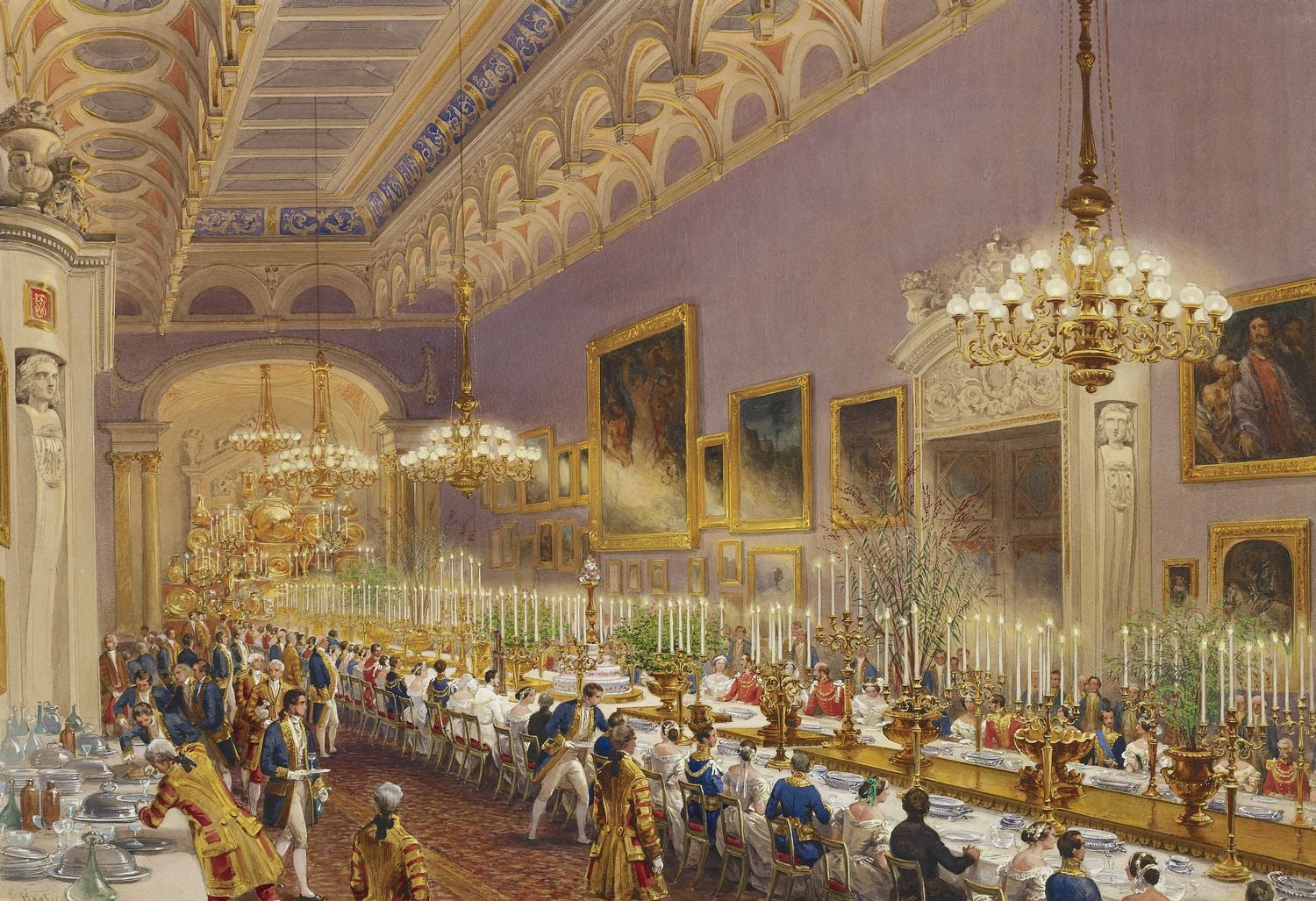 Louis Haghe, The banquet for Prince Leopold's christening, 28 June 1853, 1853 (RCIN 919917) A watercolour of people sitting at a long table. The room is decorated with chandeliers and lilac walls
